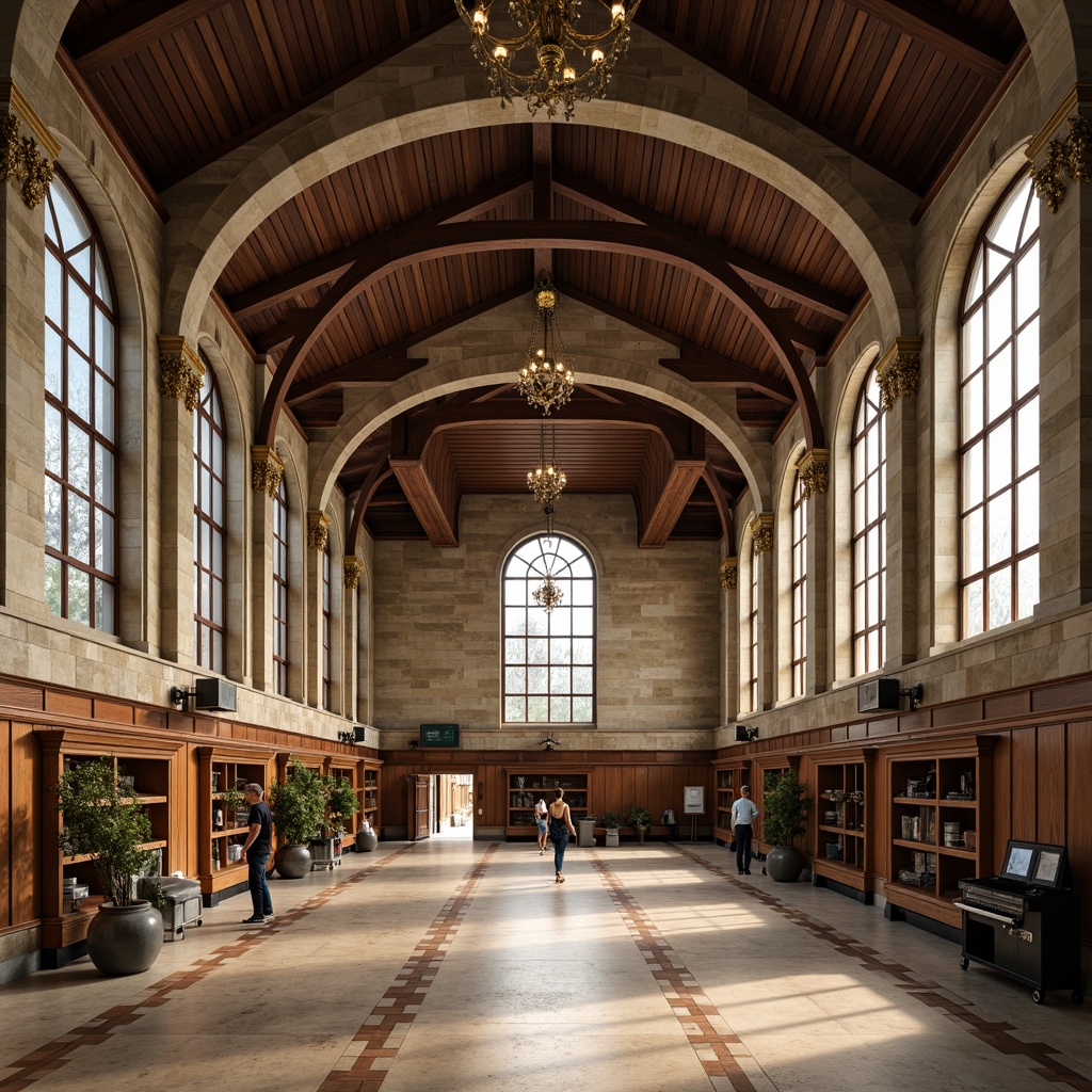 Prompt: Grand gymnasium hall, ornate Renaissance arches, rustic stone walls, wooden beam ceiling, ornamental pilasters, classical columns, intricate carvings, golden accents, stained glass windows, majestic chandeliers, polished marble floors, athletic equipment, vintage locker rooms, nostalgic sports memorabilia, warm soft lighting, shallow depth of field, 2/3 composition, symmetrical framing, realistic textures, ambient occlusion.