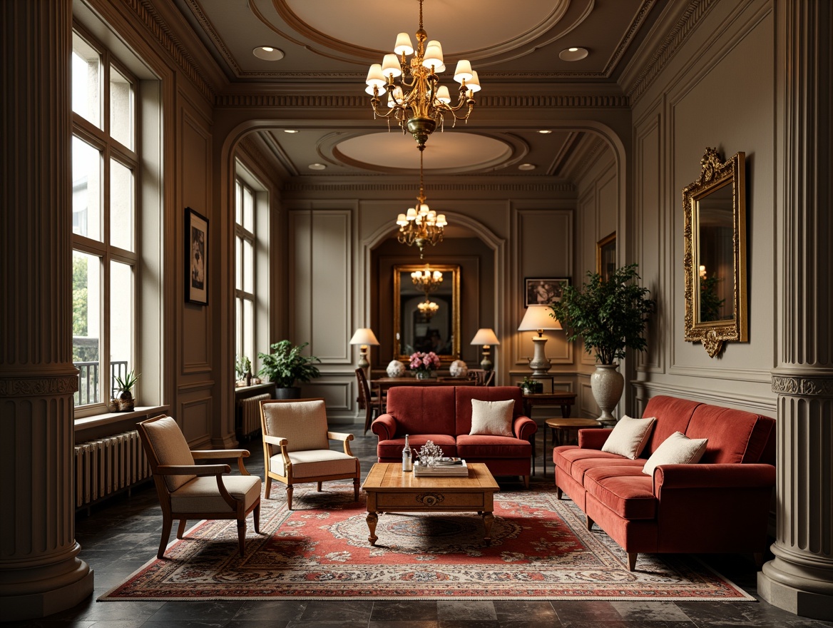 Prompt: Elegant neoclassical interior, luxurious velvet sofas, ornate wooden armchairs, intricately carved coffee tables, gilded mirror frames, crystal chandeliers, marble floors, richly patterned rugs, decorative pilasters, Corinthian columns, classical archways, soft warm lighting, subtle shadows, 1/2 composition, shallow depth of field, realistic textures, ambient occlusion.