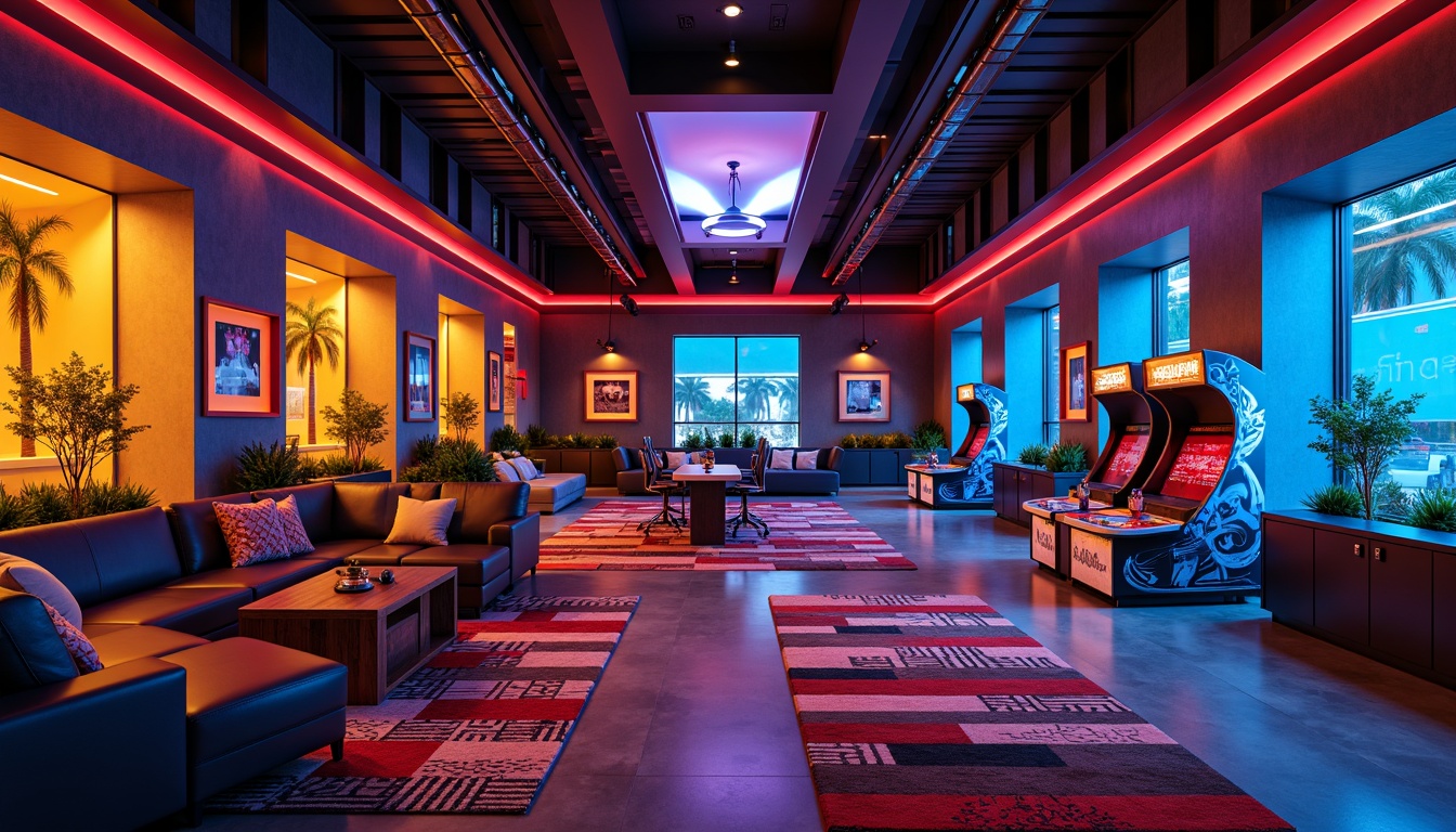 Prompt: Vibrant game room, neon-lit arcade machines, bold colorful walls, comfortable seating areas, geometric patterned rugs, modern console tables, sleek gaming desks, high-tech gadgets, futuristic decor, electric blue accents, fiery red hues, sunny yellow tones, rich brown wood textures, metallic silver surfaces, ambient soft lighting, dramatic shadows, 1/1 composition, cinematic view, realistic reflections, advanced normal mapping.