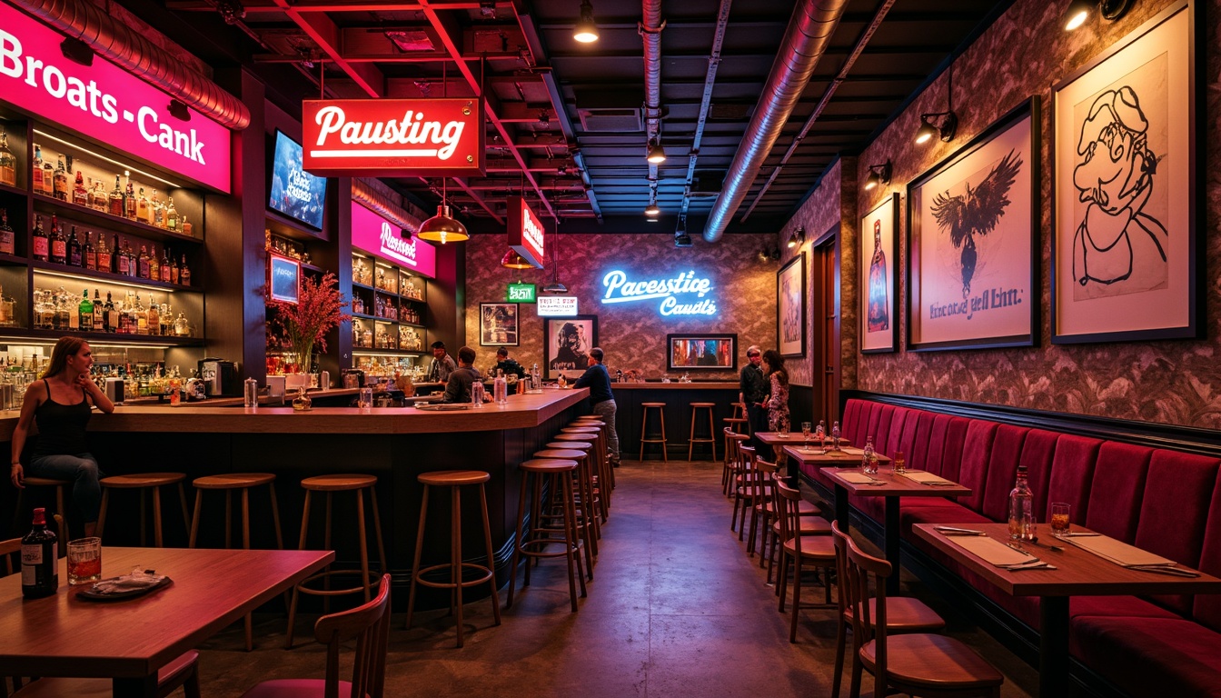 Prompt: Vibrant pub interior, eclectic postmodernism style, bold color scheme, neon signs, distressed wood accents, vintage posters, ornate mirrors, metallic fixtures, rich velvet fabrics, abstract artwork, industrial lighting, warm glow ambiance, high contrast ratios, dramatic shadows, 1/1 composition, cinematic framing, gritty textures, moody atmosphere.