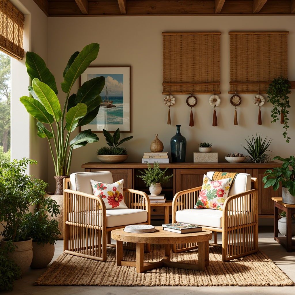 Prompt: Wicker rattan armchairs, plush cushions, natural fiber upholstery, reclaimed wood coffee tables, palm tree decorations, vibrant floral patterns, colorful tassel throws, woven bamboo shades, rustic metal accents, distressed finishes, ocean-inspired artwork, shell wind chimes, sandy beige walls, lush greenery, warm golden lighting, cozy reading nooks, 1/1 composition, soft focus blur, relaxed ambient atmosphere.