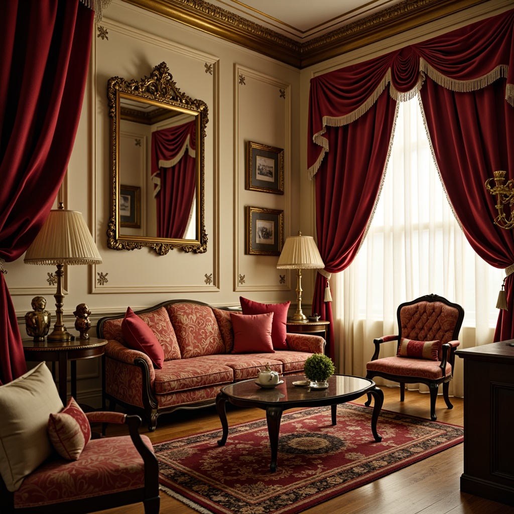 Prompt: Rich velvet fabrics, golden accents, ornate carvings, luxurious drapery, soft cream walls, intricately patterned rugs, delicate lace trimmings, antique furniture pieces, curved lines, gilded frames, plush toys, gentle warm lighting, 1/1 composition, shallow depth of field, romantic ambiance, soft focus effect, elegant candelabras, fragile ceramics, ornate mirrors, lavish chandeliers.