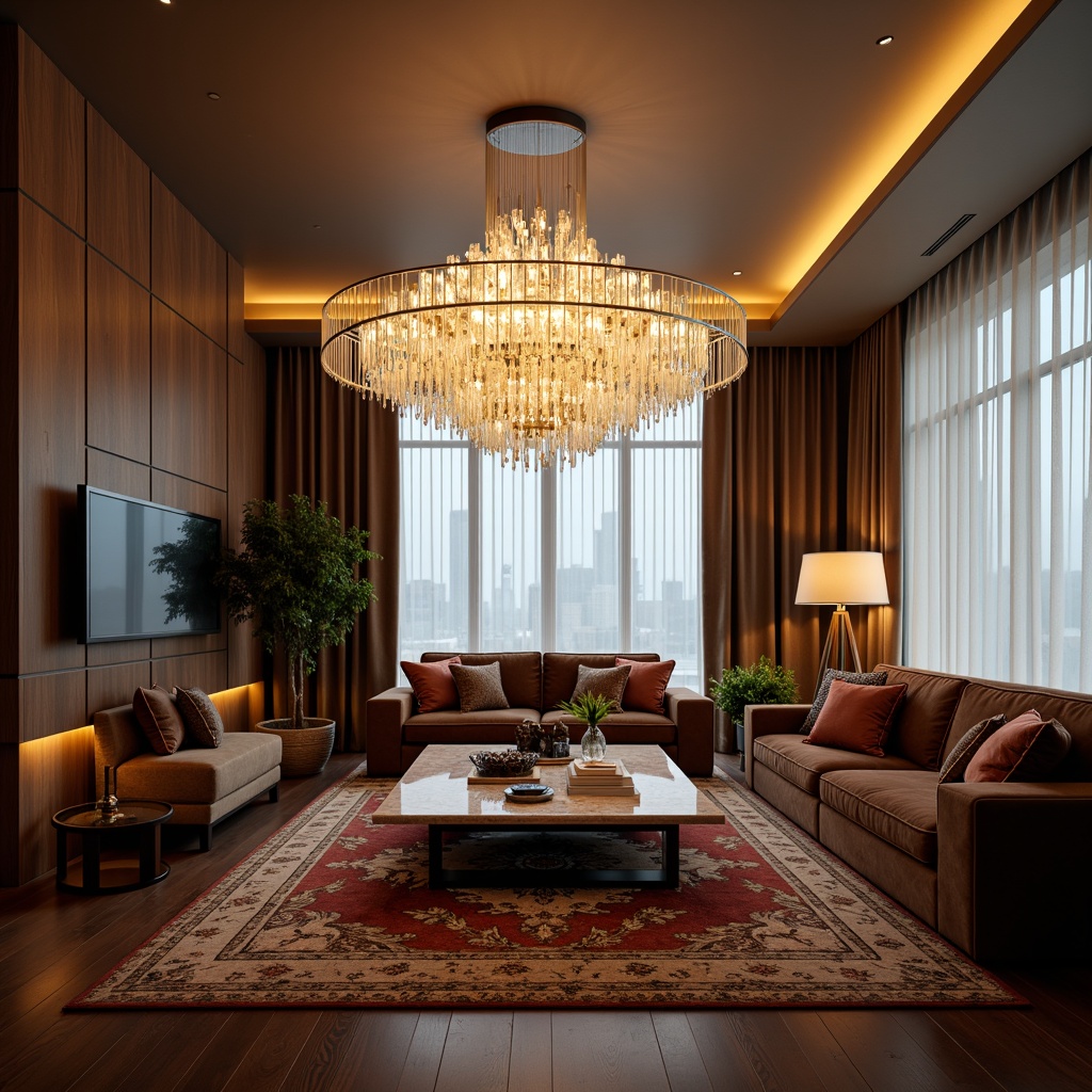 Prompt: Elegant living room, modern chandelier, crystal droplets, soft warm glow, ambient lighting, luxurious furnishings, velvet sofas, marble coffee tables, rich wood accents, floor-to-ceiling windows, sheer curtains, 1/1 composition, shallow depth of field, realistic textures, warm color palette, cozy atmosphere, relaxing ambiance.