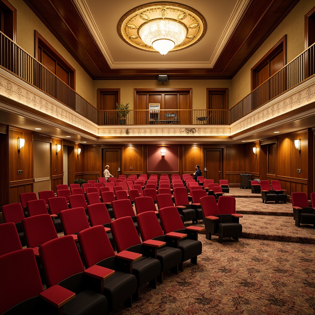 Prompt: Elegant auditorium, transitional style design, luxurious velvet seats, curved rows, aisle carpets, ornate metal handrails, grandiose chandeliers, warm golden lighting, high ceilings, intricate moldings, wooden accents, neutral color palette, comfortable legroom, ample armrests, fixed seats, retractable stages, professional audio systems, acoustic panels, soft drapery, subtle textures, shallow depth of field, 2/3 composition, cinematic atmosphere.