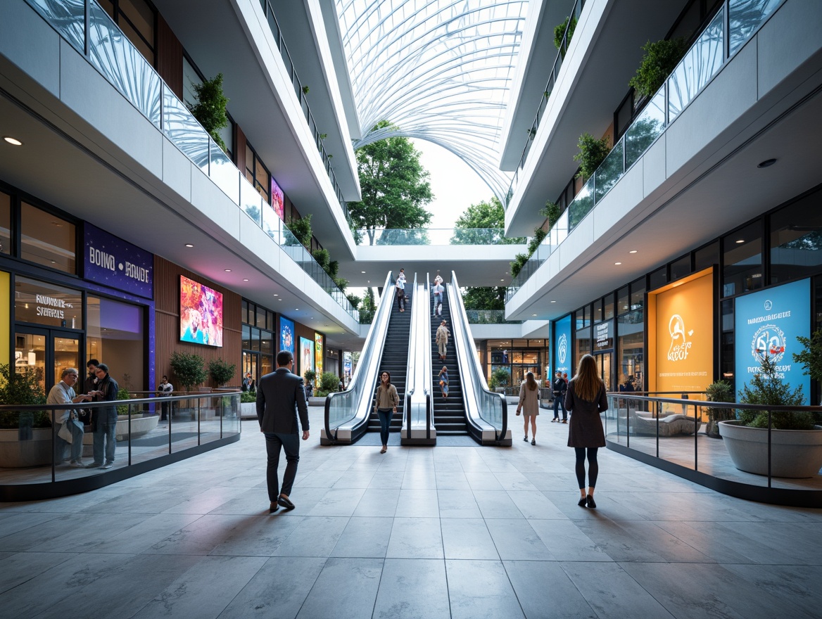 Prompt: Futuristic shopping center, sleek modern architecture, spacious atriums, natural light pouring in, gleaming marble floors, minimalist decor, vibrant neon signs, futuristic escalators, curved glass railings, open-plan layouts, dynamic ceiling designs, soft ambient lighting, shallow depth of field, 1/1 composition, panoramic view, realistic textures, ambient occlusion.