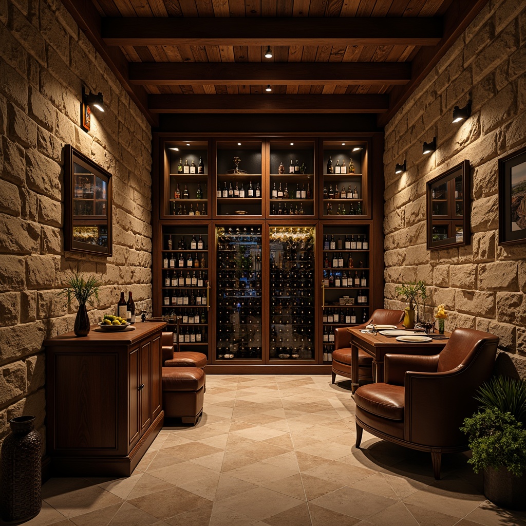 Prompt: Luxurious wine cellar, rustic stone walls, dark wood accents, LED lighting, ambient shadows, rich leather furnishings, elegant metalwork, wooden wine racks, glass-enclosed wine displays, temperature-controlled environment, humidification systems, travertine flooring, earthy color palette, warm atmospheric lighting, 3/4 composition, realistic textures, ambient occlusion.