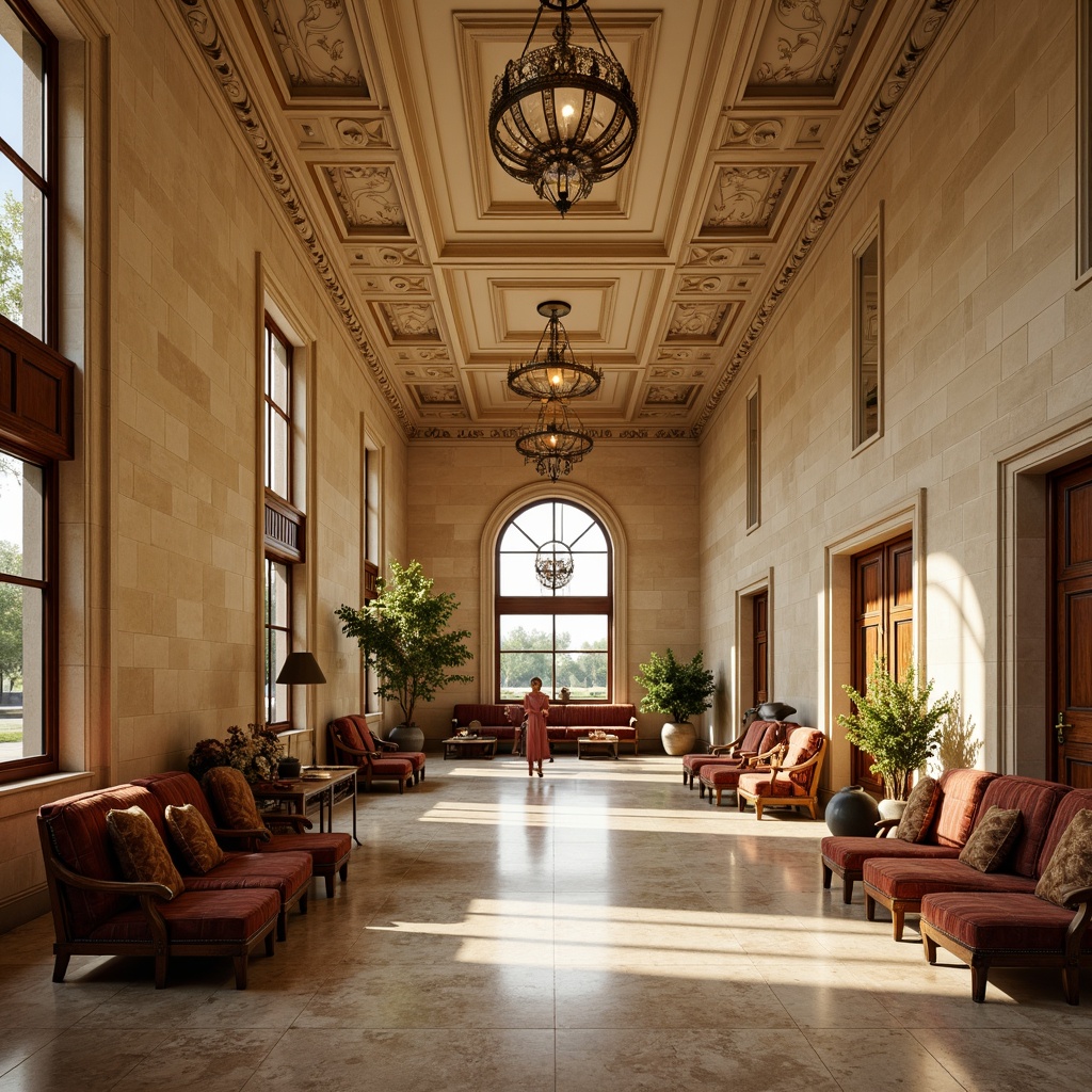 Prompt: Warm beige limestone walls, grand high ceilings, ornate bronze fixtures, elegant chandeliers, luxurious velvet furniture, rich wood accents, intricate marble floors, vintage luggage carts, nostalgic airport signage, soft warm lighting, shallow depth of field, 3/4 composition, symmetrical architecture, Renaissance-inspired ornateness, harmonious earthy tones, soothing color palette, creamy whites, gentle beiges, muted golds, weathered leathers, atmospheric misting effects.