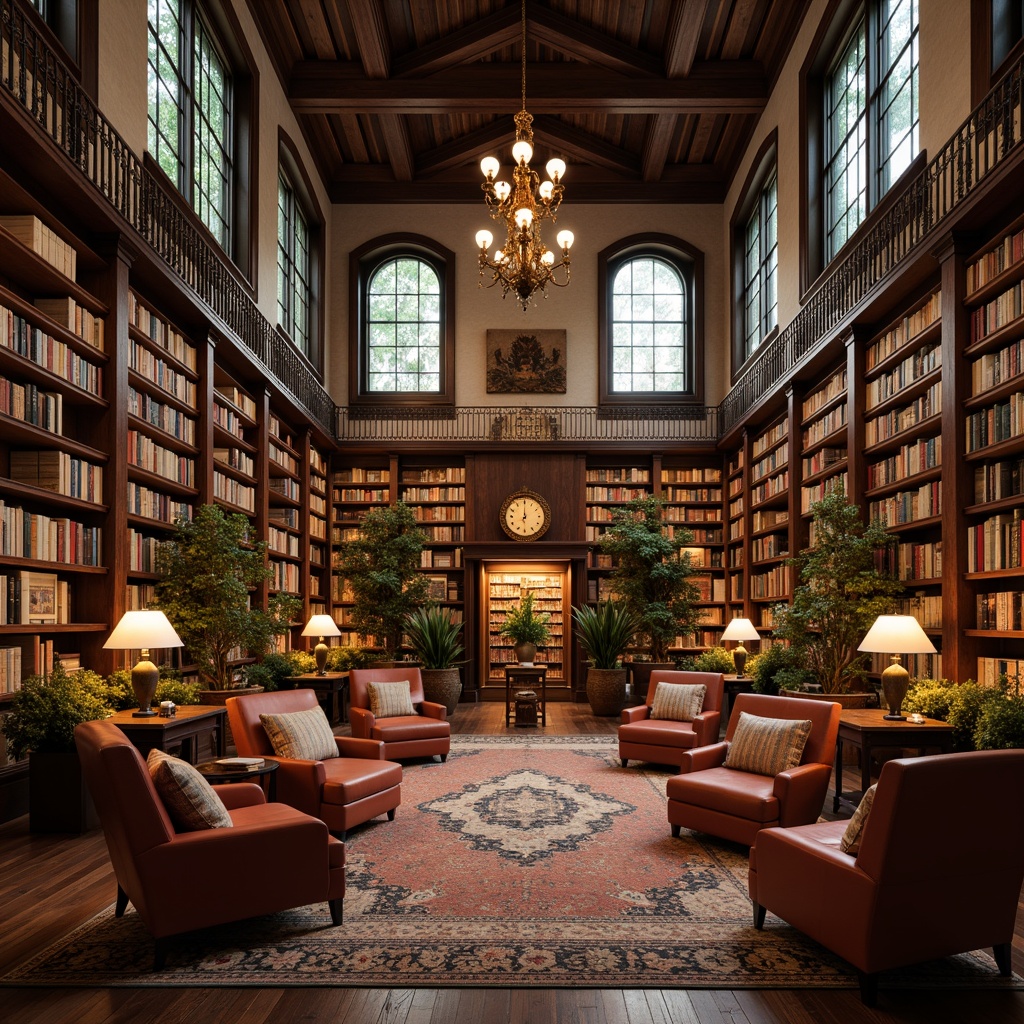 Prompt: Warm bookshelves, rich wood tones, ornate metalwork, comfortable reading nooks, plush armchairs, soft warm lighting, tall windows, natural stone walls, elegant archways, sophisticated chandeliers, classic literature displays, cozy study areas, vintage globe decorations, earthy color palette, inviting atmosphere, shallow depth of field, 1/1 composition, realistic textures, ambient occlusion.