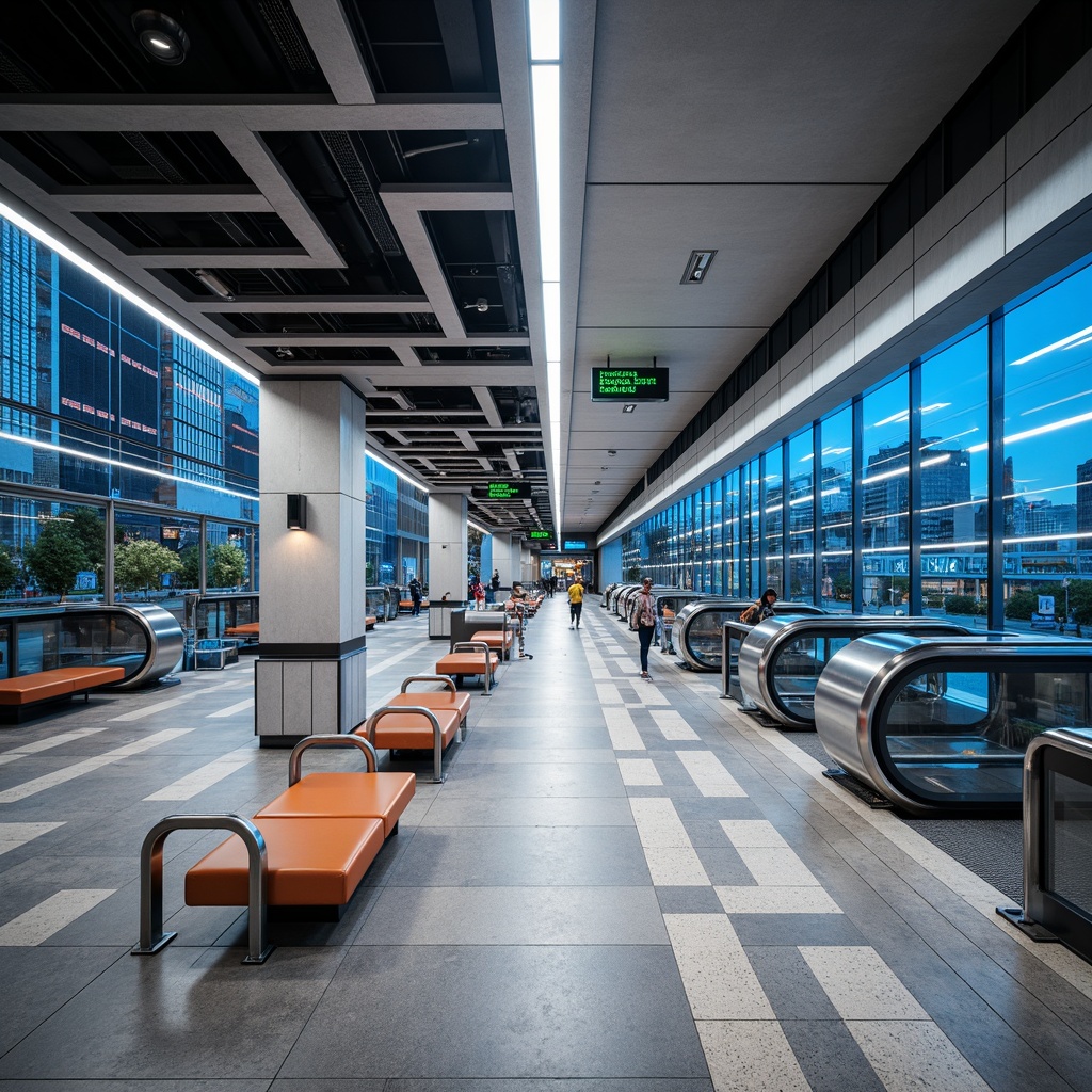 Prompt: Modern metro station interior, sleek glass panels, stainless steel handrails, minimalist benches, vibrant LED lighting, futuristic digital displays, urban concrete floors, geometric patterned tiles, chic metal columns, suspended ceilings, airy open spaces, dynamic escalators, streamlined trash cans, modern art installations, bold color accents, high-gloss finishes, intricate aluminum details, ergonomic seating, panoramic city views, shallow depth of field, 3/4 composition, realistic textures, ambient occlusion.