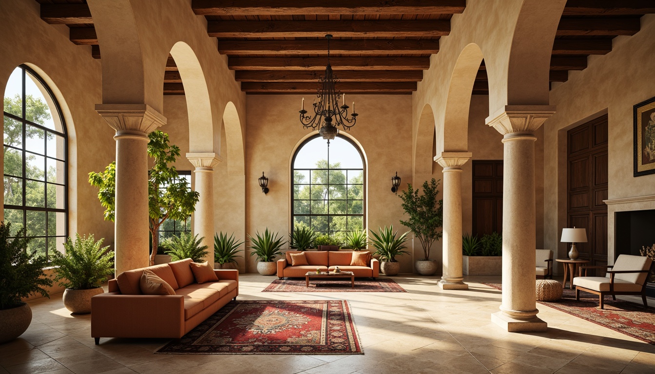 Prompt: Elegant Mediterranean-style interior, grand columns with ornate capitals, travertine flooring, warm beige walls, arched windows, rustic wooden ceiling beams, cozy velvet sofas, vintage Turkish rugs, lush greenery, natural stone accents, warm golden lighting, soft focus blur, 1/1 composition, intimate atmosphere, realistic textures, subtle ambient occlusion.