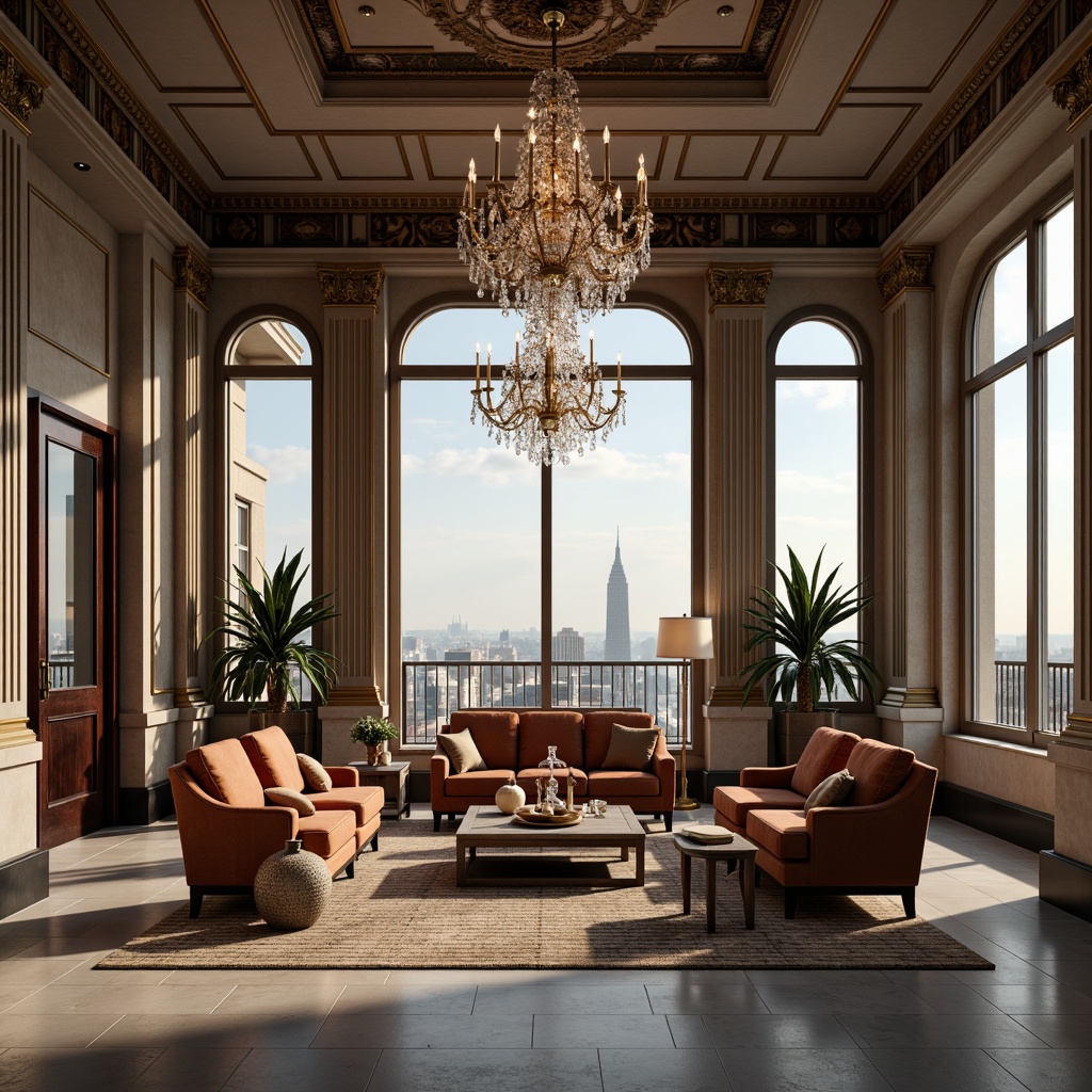 Prompt: Luxurious penthouse, neoclassical architecture, grandiose chandeliers, marble floors, ornate moldings, high ceilings, lavish furnishings, velvet sofas, carved wooden chairs, gilded coffee tables, crystal vases, elegant drapery, panoramic city views, floor-to-ceiling windows, soft warm lighting, 1/1 composition, realistic textures, ambient occlusion.