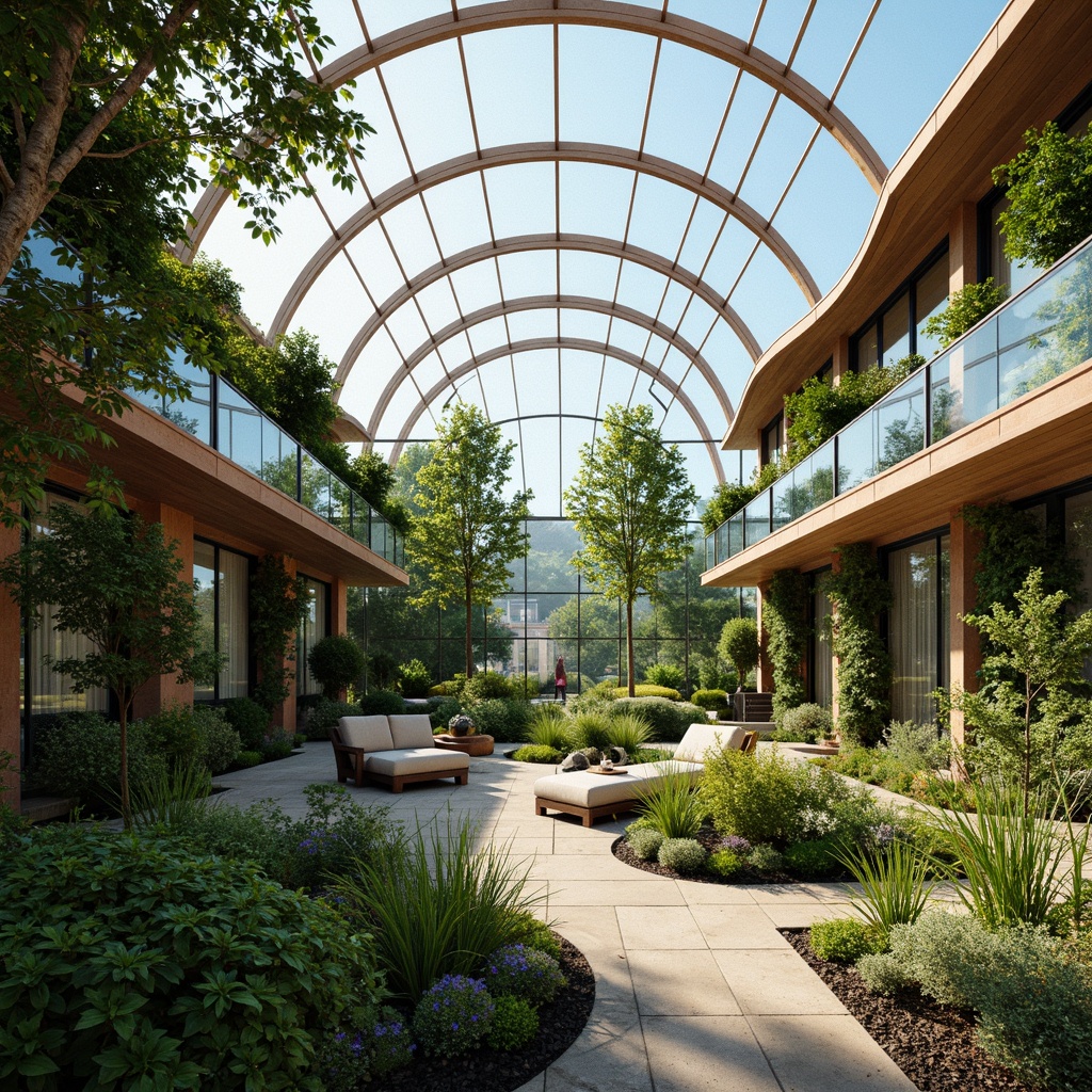 Prompt: Eco-friendly sunroom, futuristic architecture, curved glass walls, solar panels, green roofs, living walls, vertical gardens, recycled metal frames, low-carbon concrete foundations, energy-efficient systems, minimalist design, sleek lines, bright natural light, warm wooden accents, vibrant plants, misting systems, shaded outdoor spaces, panoramic views, realistic textures, ambient occlusion, soft warm lighting, shallow depth of field, 3/4 composition.