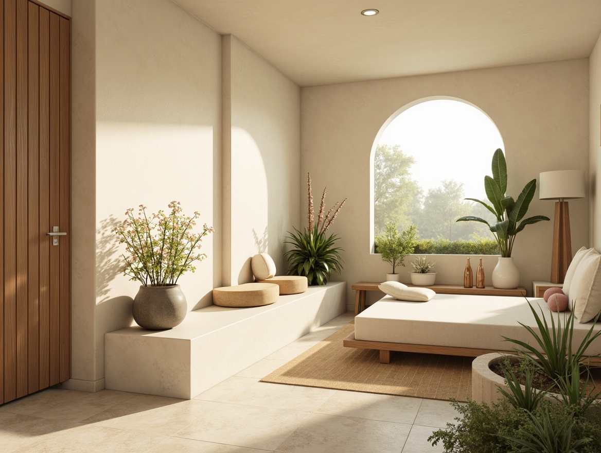 Prompt: Soft warm lighting, pastel color scheme, calming atmosphere, gentle curves, natural textures, organic shapes, earthy tones, soothing ambiance, minimalist decor, cream-colored walls, wooden accents, greenery-filled spaces, blooming flowers, serene backgrounds, 1/1 composition, shallow depth of field, realistic renderings, ambient occlusion.