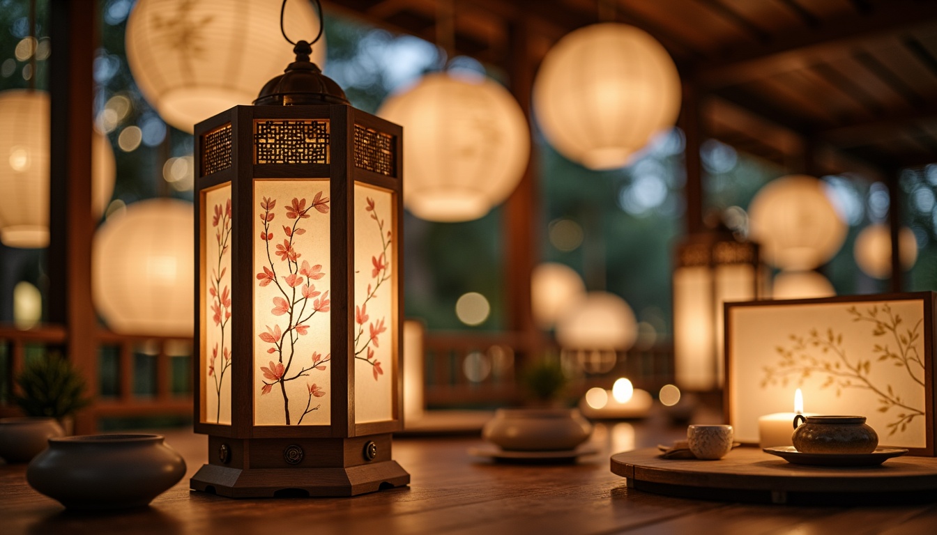 Prompt: Oriental-inspired lanterns, intricately carved wooden fixtures, warm soft lighting, paper lanterns in soft pastel hues, minimalist metal shades, natural linen fabrics, subtle rice paper textures, delicate cherry blossom motifs, hand-painted ceramics, warm bronze tones, gentle candlelight, serene ambiance, shallow depth of field, 1/2 composition, realistic reflections, ambient occlusion.