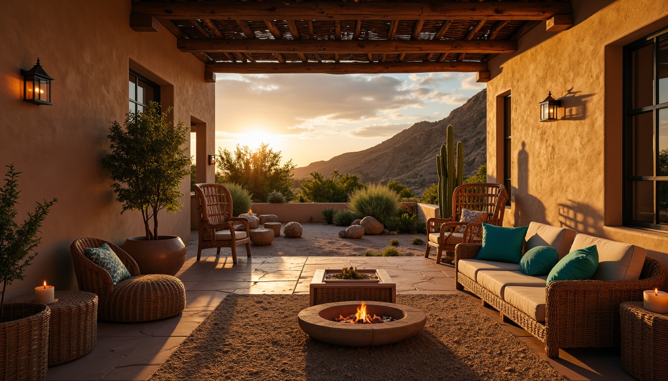 Prompt: Southwestern ambiance, warm golden lighting, rustic lanterns, candles, soft shadows, earthy tones, natural textures, adobe-style architecture, vibrant turquoise accents, woven textiles, rattan furniture, desert botanicals, cacti, succulents, sandy terrain, dramatic sunset views, warm beige stucco walls, wooden ceiling beams, wrought iron details, cozy fire pit, ambient outdoor lighting, twinkling string lights, 1/2 composition, low-key illumination, soft focus, natural materials, earthy color palette.