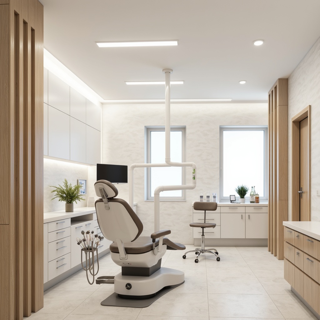 Prompt: Clean dental clinic, sterile atmosphere, white glossy walls, subtle texture, anti-microbial coatings, smooth surfaces, easy-to-clean materials, calming color scheme, soft LED lighting, minimalist design, modern furniture, sleek lines, hygienic ambiance, warm beige tones, acoustic panels, sound-absorbing materials, gentle curves, ergonomic layout, functional decor, professional signage.