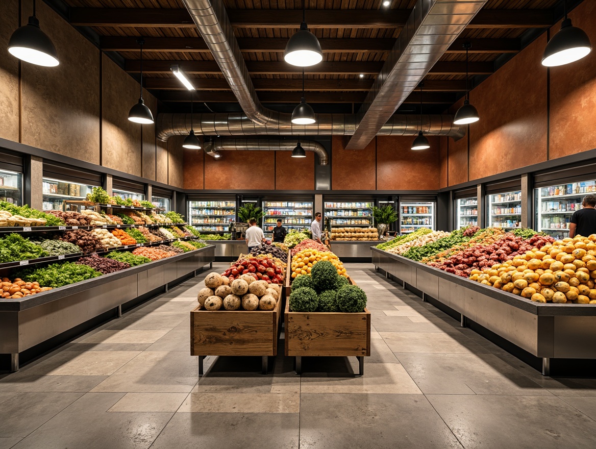 Prompt: Vibrant produce stands, polished chrome shelving, rustic wooden crates, natural stone flooring, exposed ductwork ceiling, modern industrial lighting, earthy terracotta walls, fresh greenery displays, metallic accents, sleek glass refrigerators, warm beige tile backsplashes, distressed wood textures, ambient softbox lighting, 1/2 composition, realistic reflections, shallow depth of field.