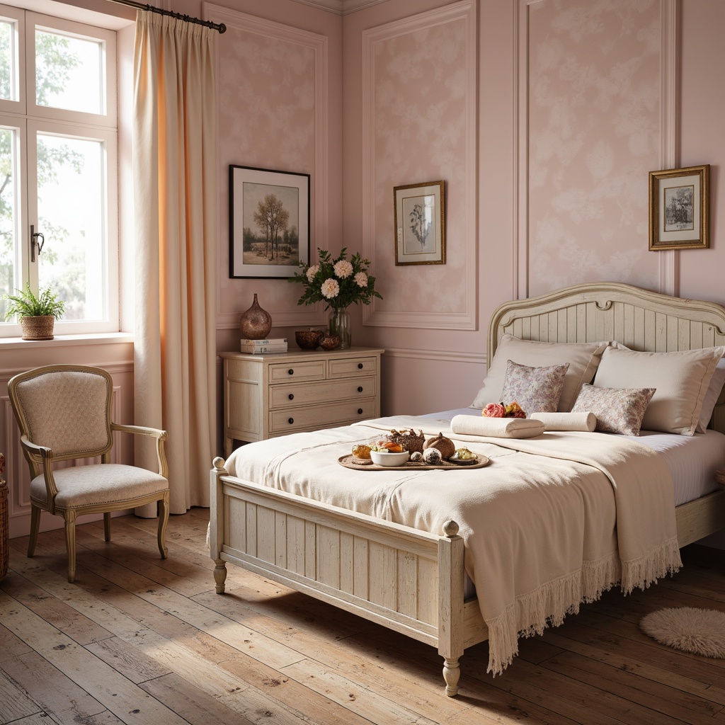 Prompt: Soft feminine bedroom, distressed wood furniture, vintage decorative items, pastel pink walls, creamy white accents, warm beige tones, gentle lavender hues, soft peach textures, lace curtains, floral patterns, rustic metal frames, antique accessories, natural light pouring in, warm cozy atmosphere, shallow depth of field, 1/1 composition, romantic ambient lighting.