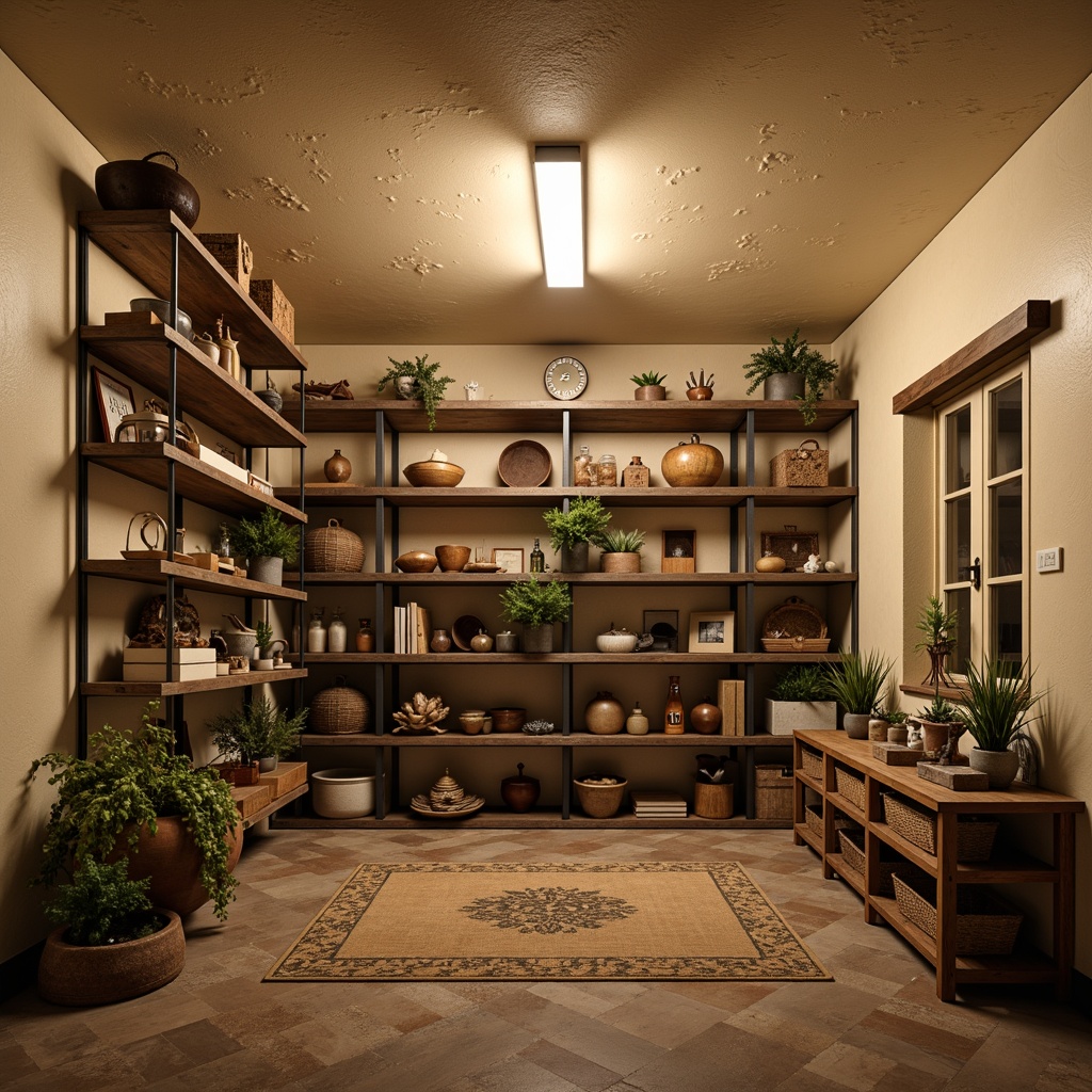 Prompt: Cozy storage room, warm beige walls, soft creamy accents, rustic wooden shelves, metal racks, industrial-style lighting, earthy brown floors, vintage decorative items, distressed finishes, natural textures, subtle color contrasts, warm atmospheric lighting, 3/4 composition, realistic renderings, ambient occlusion.