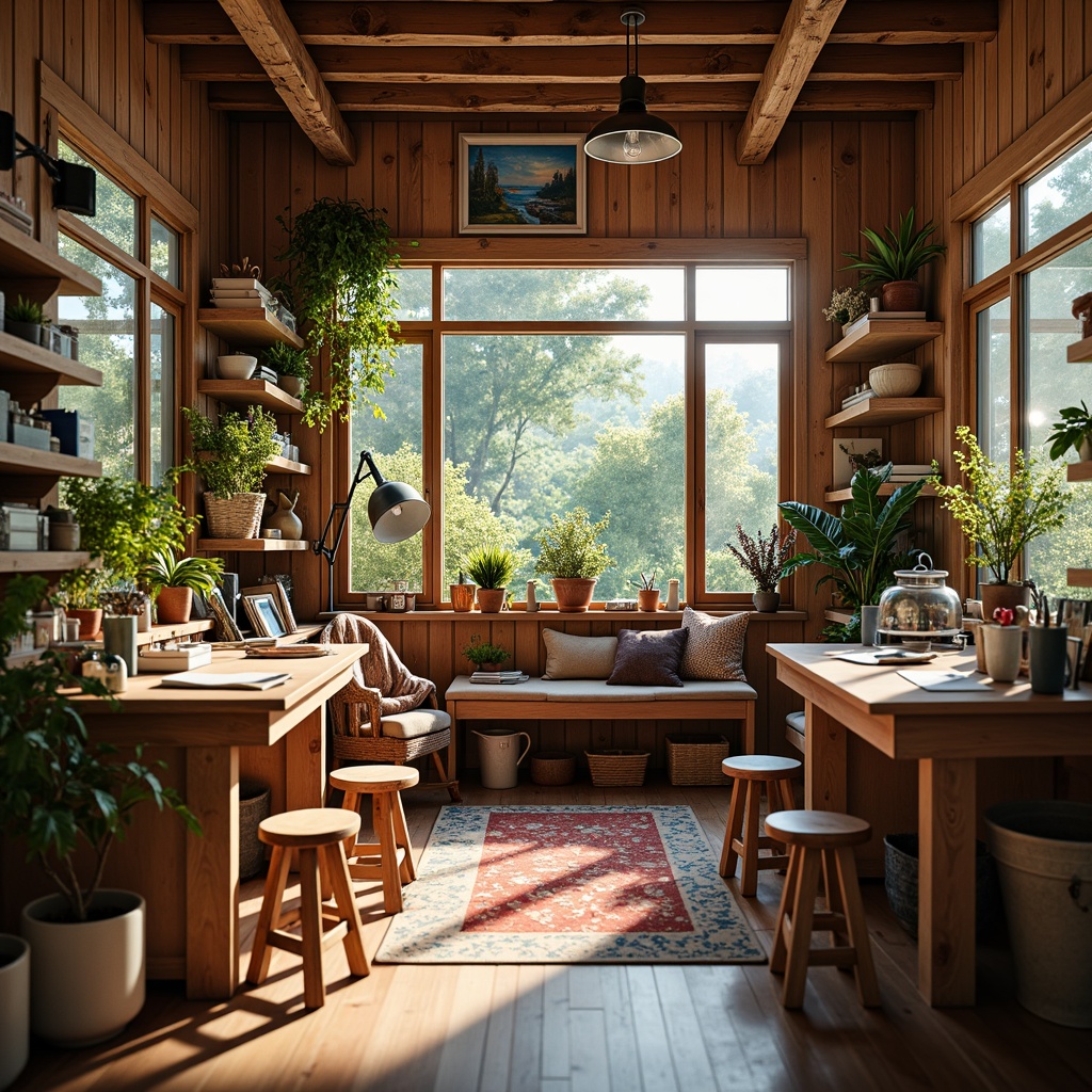 Prompt: Cozy craft room, warm wooden tables, comfortable stools, abundant natural light, large windows, soft diffused lighting, task lamps, pendant lights, colorful textiles, vibrant artwork, creative supplies, organized storage shelves, rustic wood accents, earthy tone colors, morning sunlight, gentle shadows, 1/2 composition, intimate atmosphere, realistic textures.