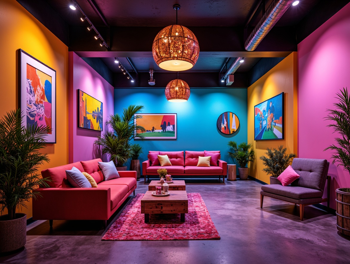 Prompt: Vibrant postmodern interior, bold color blocking, neon hues, pastel accents, eclectic furniture, mismatched patterns, distressed textures, reclaimed wood, industrial metal fixtures, abstract artwork, oversized decorative lighting, geometric shapes, asymmetrical compositions, moody shadows, dramatic contrast, cinematic ambiance, 1/1 composition, high-contrast ratio, sharp focus, atmospheric rendering.