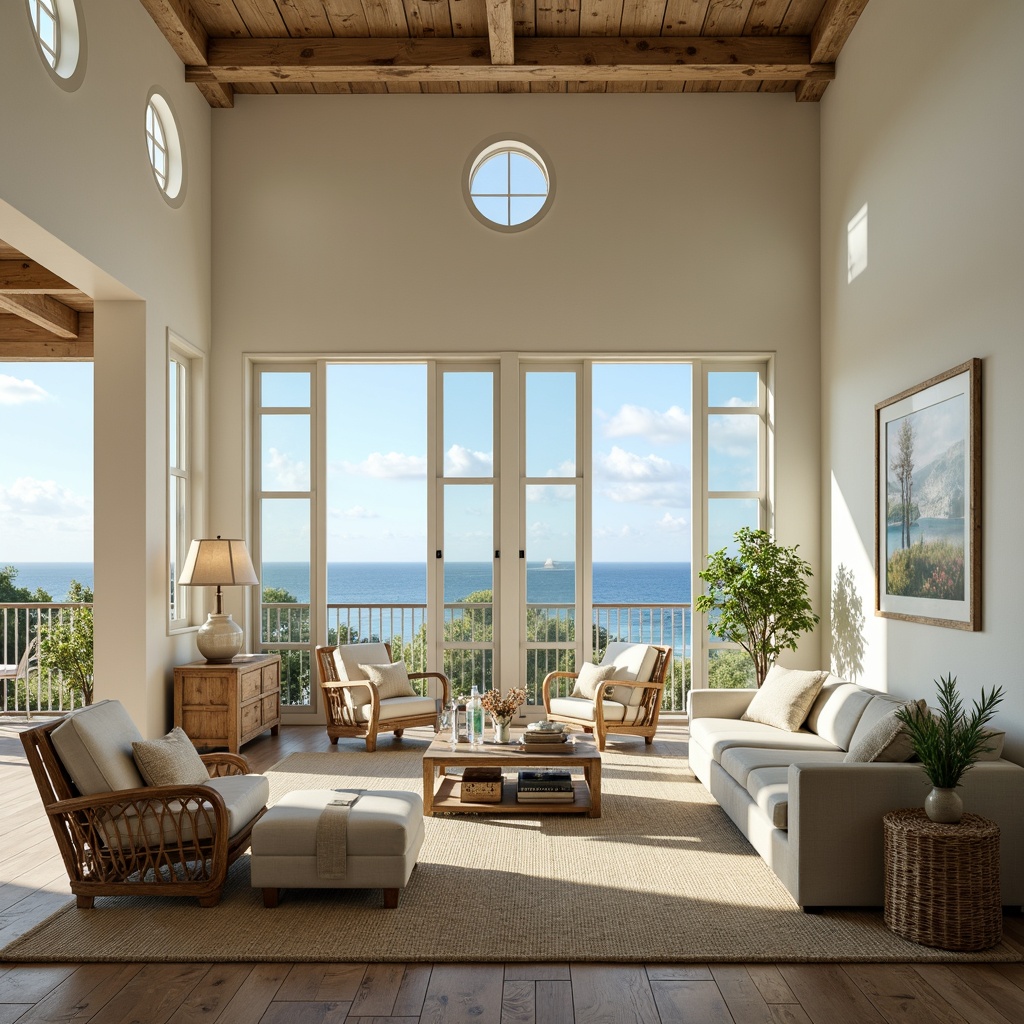 Prompt: Coastal living room, soft warm lighting, table lamps, floor lamps, pendant lights, natural linen shades, driftwood finishes, beachy vibe, calm atmosphere, sea-inspired colors, blue-green hues, cream-white walls, wooden accents, woven textiles, nautical rope details, porthole windows, rustic wood floors, distressed finishes, ocean views, sunny day, gentle breeze, 1/1 composition, shallow depth of field, realistic textures.