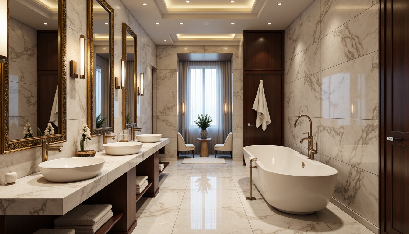 Prompt: Luxurious bathroom, marble countertops, natural stone flooring, textured walls, ornate mirrors, metallic accents, soft warm lighting, shallow depth of field, 3/4 composition, realistic reflections, ambient occlusion, freestanding tubs, rainfall showerheads, porcelain sinks, elegant faucets, wooden cabinetry, subtle color palette, serene atmosphere.