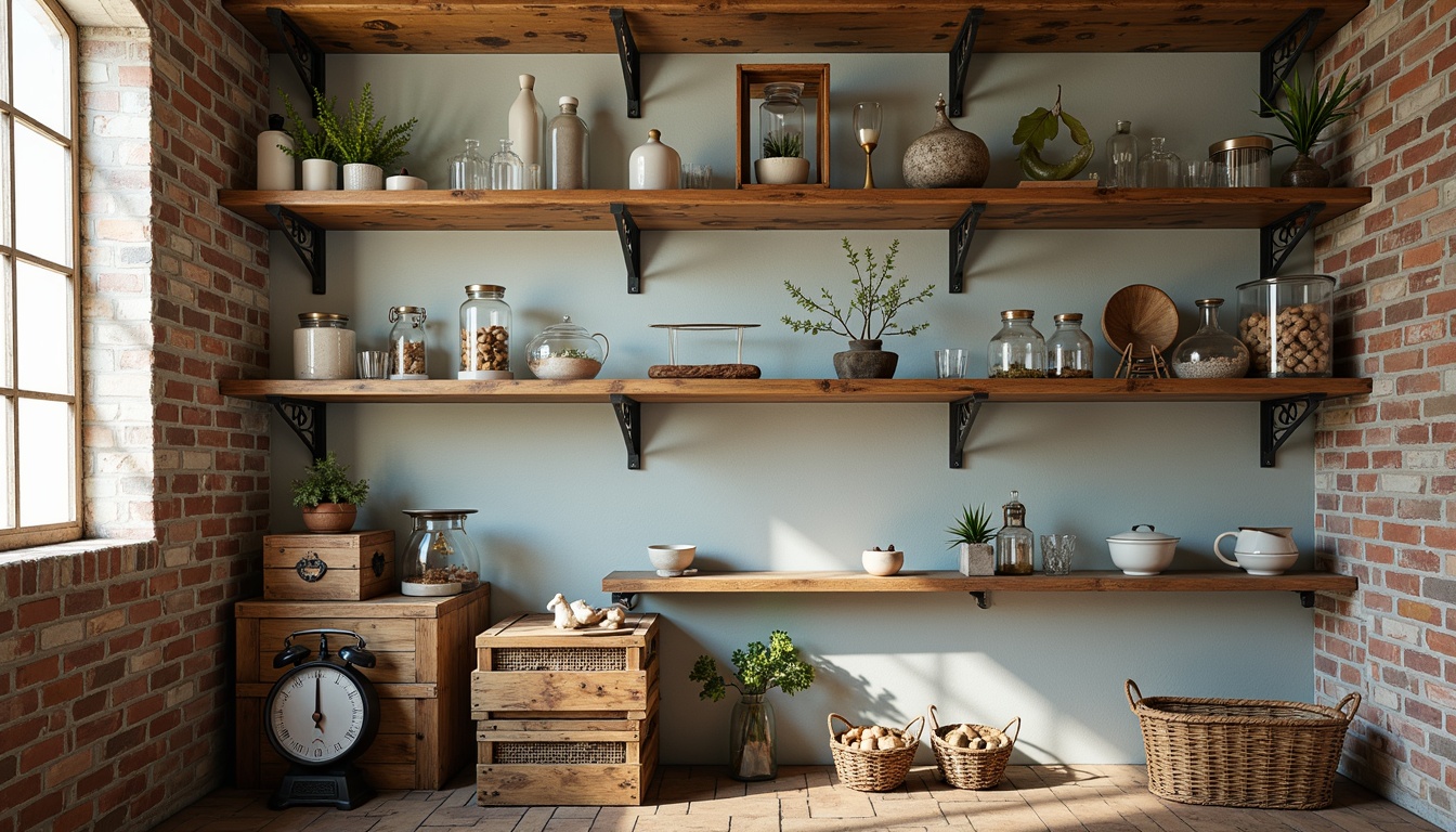 Prompt: Vintage distressed wooden shelves, ornate metal brackets, soft pastel color palette, worn brick walls, rustic wooden crates, antique apothecary jars, decorative vintage scales, woven wicker baskets, distressed finish, warm ambient lighting, 1/1 composition, shallow depth of field, realistic textures, subtle shadows.Please let me know if this meets your expectations!