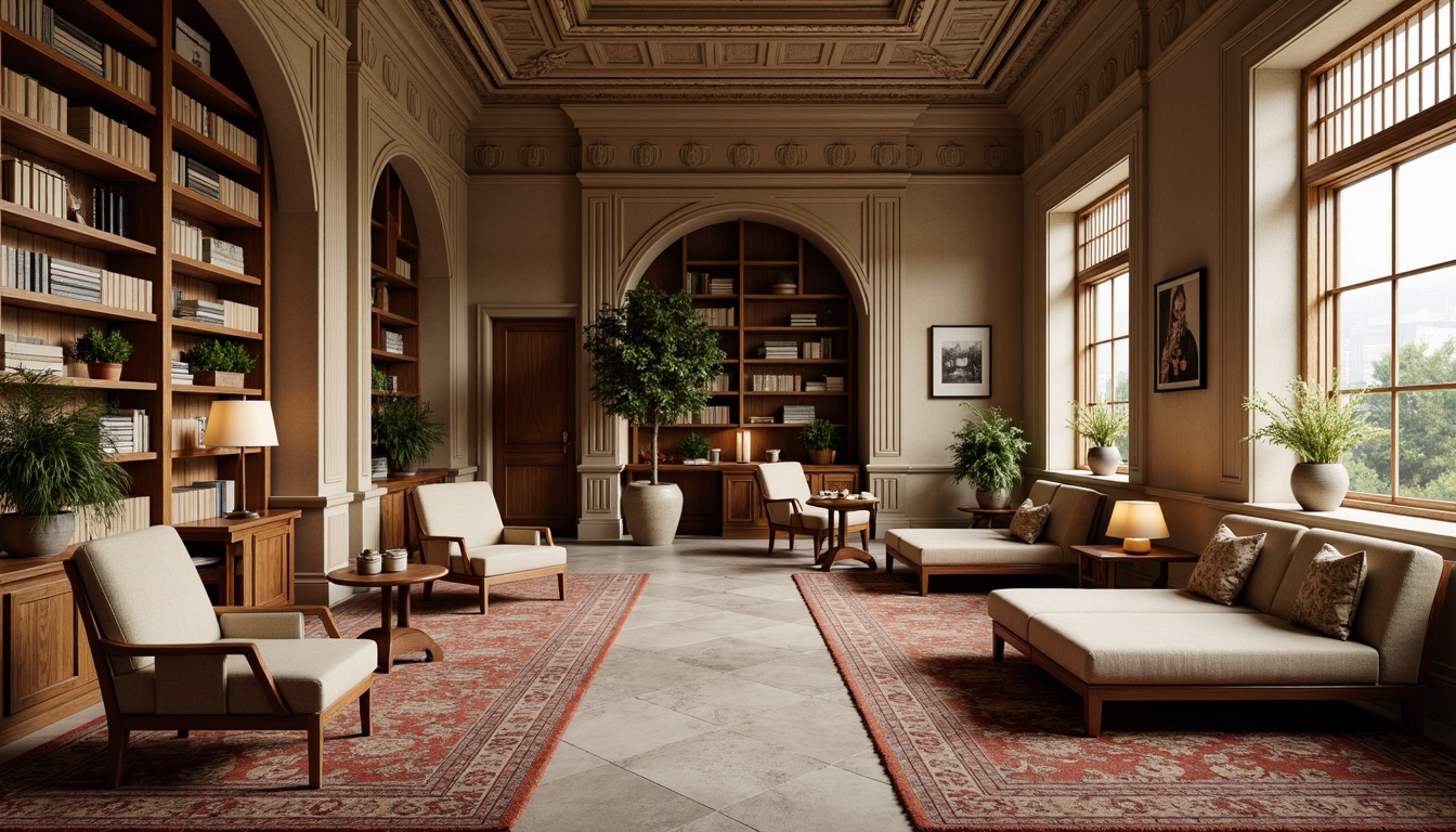 Prompt: Richly patterned rugs, warm beige tones, comfortable seating areas, floor-to-ceiling bookshelves, classic wooden tables, vintage lamps, plush armchairs, soft velvet upholstery, intricate moldings, ornate ceiling details, natural stone flooring, subtle lighting fixtures, cozy reading nooks, minimalist decor, earthy color palette, rustic wood accents, tactile woven textiles, geometric patterned curtains, layered window treatments, warm inviting ambiance, shallow depth of field, 1/1 composition, realistic renderings.