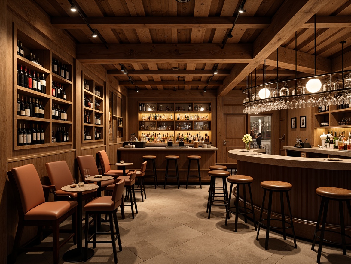 Prompt: Cozy home bar, rich wood tones, elegant lighting, comfortable stools, rustic wooden shelves, wine glass racks, metal foot rails, ambient warm glow, soft background music, intimate gathering space, circular seating arrangement, 3/4 composition, shallow depth of field, realistic textures, warm color palette.