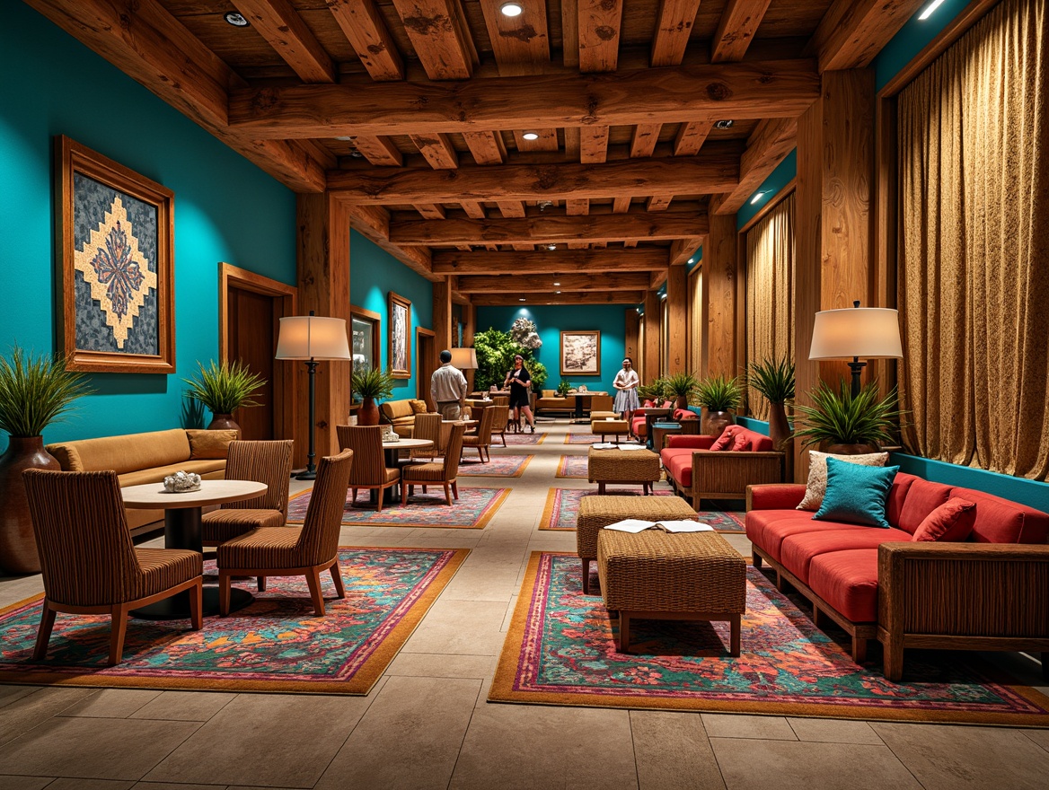 Prompt: Vibrant casino interior, southwestern decor, bold turquoise accents, rustic wooden textures, woven wicker furniture, plush velvet armchairs, sleek metallic frames, geometric patterned rugs, vibrant Native American-inspired art pieces, warm golden lighting, luxurious leather sofas, intricate mosaic tile work, ornate wooden ceiling beams, dramatic floor-to-ceiling curtains, 1/2 composition, soft focus background, ambient occlusion.