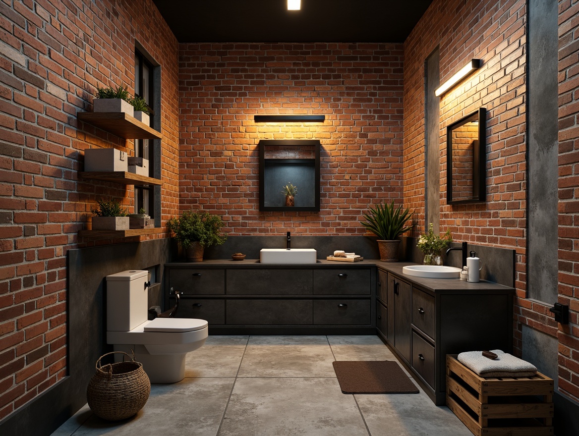 Prompt: Exposed brick walls, industrial chic powder room, metallic accents, reclaimed wood shelving, Edison bulb lighting, distressed concrete floors, urban loft ambiance, minimalist decorative elements, modern industrial pipes, steel beams, raw finishes, bold color schemes, geometric patterns, statement wallpaper, eclectic furniture pieces, rustic wooden crates, vintage industrial decor, moody atmospheric lighting, cinematic composition, shallow depth of field.