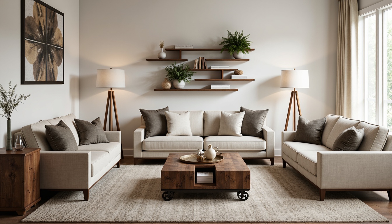 Prompt: Transitional style living room, neutral color palette, comfortable sofas, tufted ottomans, wooden coffee tables, ornate metal legs, velvet throw pillows, rustic wooden wall shelves, minimalist floor lamps, natural fiber rugs, soft warm lighting, 1/1 composition, realistic textures, ambient occlusion.