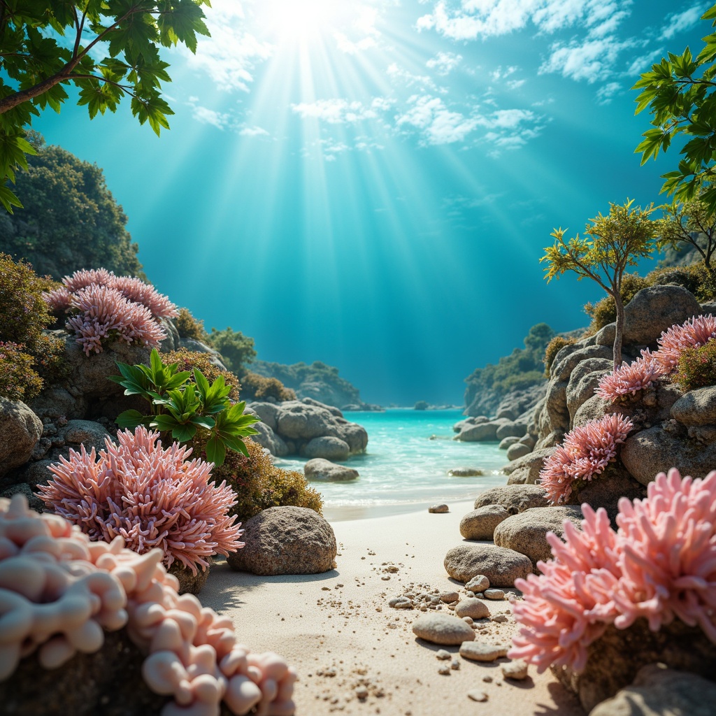 Prompt: Vibrant coral reefs, turquoise ocean waves, sunny tropical islands, pastel pink seashells, iridescent fish scales, warm beige sand, driftwood textures, natural sea sponges, ocean breeze, soft warm lighting, shallow depth of field, 3/4 composition, panoramic view, realistic water effects, ambient occlusion, whimsical underwater world.