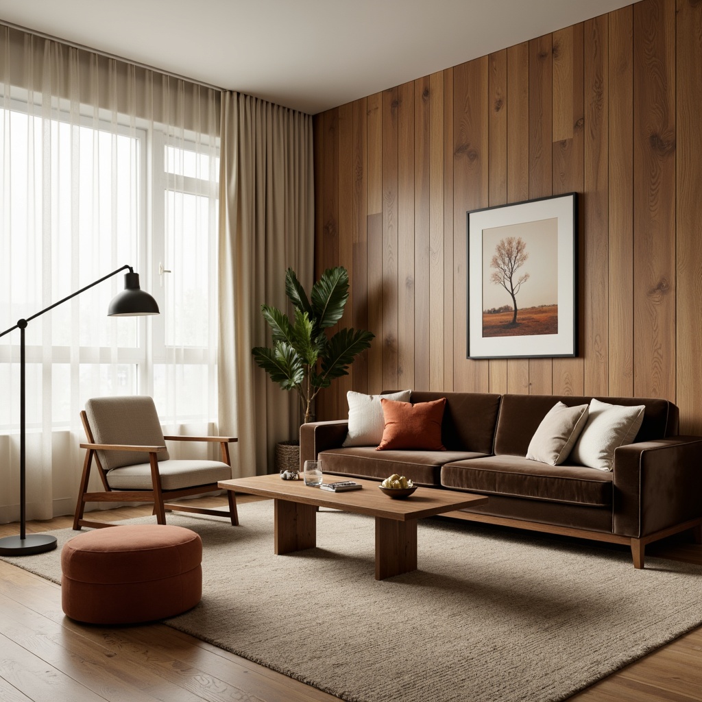 Prompt: Mid-century modern living room, plush velvet sofa, sleek wooden coffee table, minimalist metal floor lamp, soft beige area rug, functional storage ottoman, stylish accent chairs, natural wood wall panels, creamy white curtains, warm ambient lighting, shallow depth of field, 3/4 composition, realistic textures, ambient occlusion.