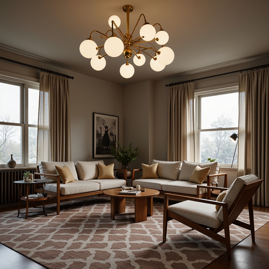 Prompt: Mid-century modern living room, sleek wooden furniture, geometric-patterned rug, statement light fixtures, pendant lamps, globe chandeliers, sputnik-inspired designs, brass accents, frosted glass shades, minimalist decor, neutral color palette, warm ambient lighting, 1/2 composition, softbox illumination, subtle shadows, realistic textures.