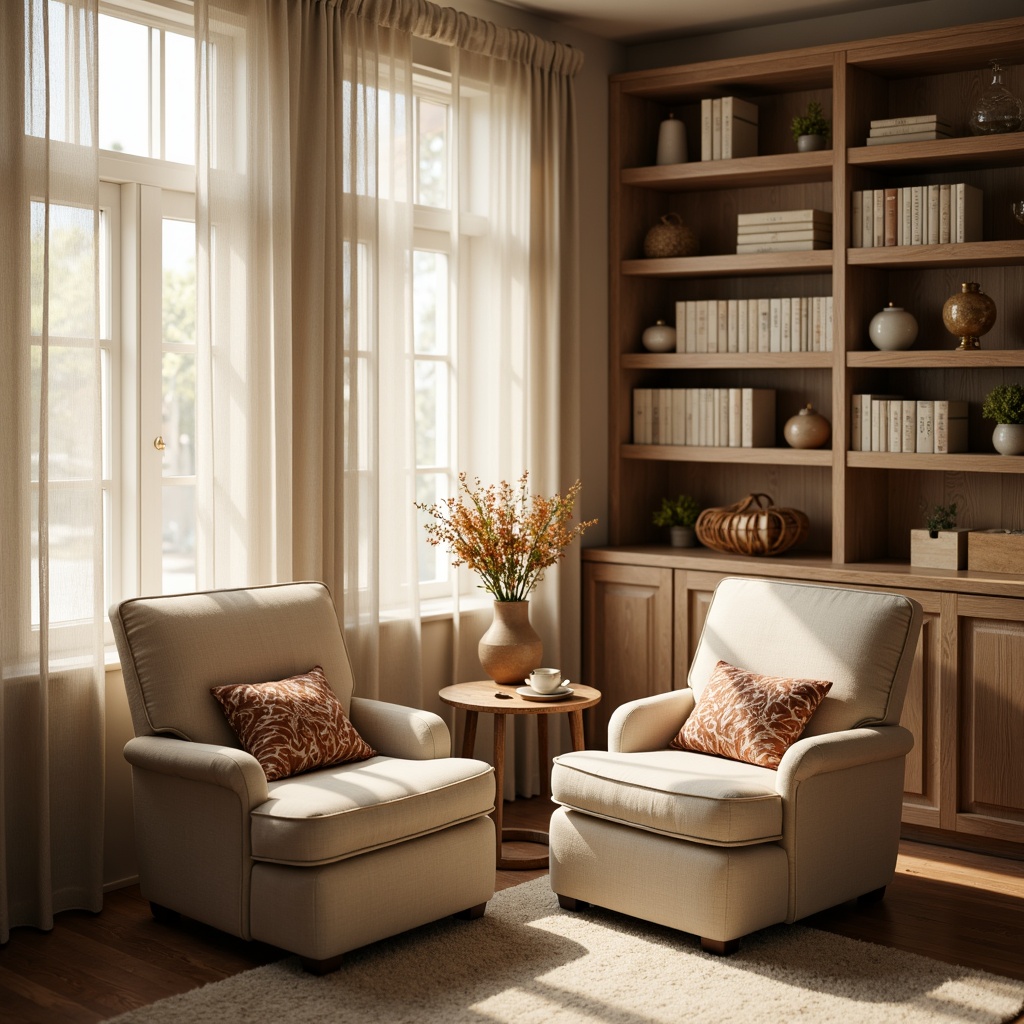 Prompt: Cozy reading nook, plush armchairs, soft velvet fabrics, warm beige tones, comfortable cushions, wooden bookshelves, natural light pouring in, sheer white curtains, subtle linen textures, minimalist decor, peaceful ambiance, gentle color palette, warm golden lighting, shallow depth of field, 1/1 composition, realistic rendering, ambient occlusion.