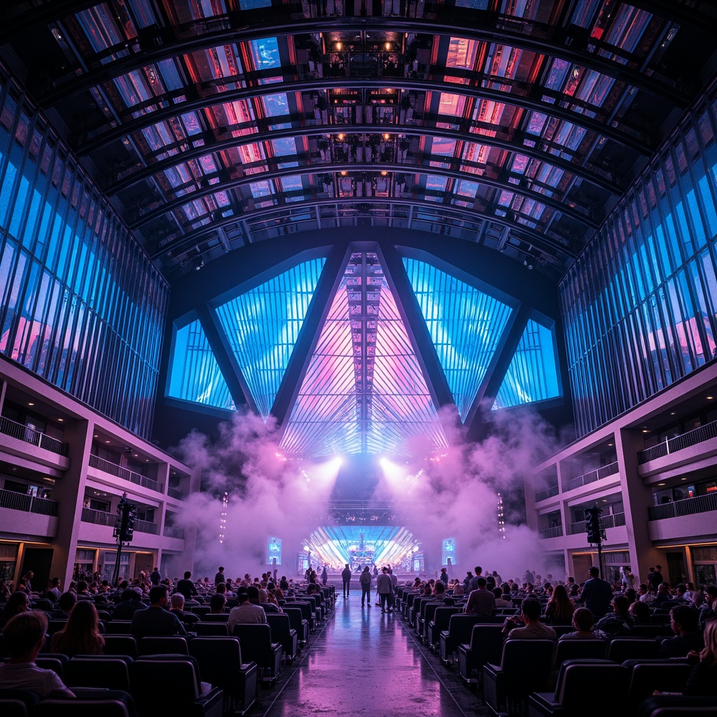 Prompt: Futuristic concert hall, dynamic LED lighting, sleek metal framework, translucent glass walls, vibrant colorful stage curtains, modern minimalist decor, high-tech sound systems, curved seating arrangements, luxurious VIP areas, abstract geometric patterns, holographic projections, misty atmospheric effects, shallow depth of field, 3/4 composition, panoramic view, realistic textures, ambient occlusion.