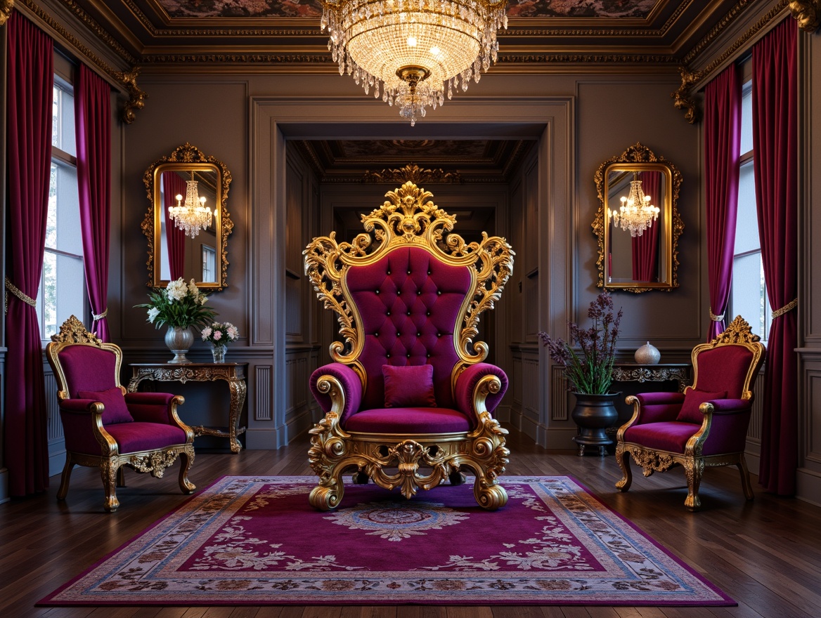 Prompt: Ornate throne chair, intricately carved wooden legs, luxurious velvet upholstery, golden gilded accents, ornamental mirrors, lavish drapery, regal purple hues, opulent crystal chandeliers, grandiose scale, dramatic lighting, richly patterned rugs, majestic crown molding, elaborate fresco ceiling, 1/1 composition, shallow depth of field, warm softbox lighting.