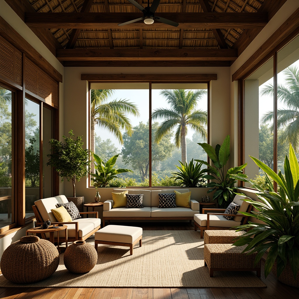 Prompt: Lush tropical foliage, exotic palm trees, warm sunny day, gentle breeze, natural ventilation systems, large windows, sliding glass doors, wooden louvers, decorative shutters, rustic thatched roofs, earthy tones, rattan furniture, woven textiles, natural fiber upholstery, airy open spaces, high ceilings, ceiling fans, subtle lighting, soft warm colors, ambient shadows, 1/1 composition, shallow depth of field, realistic materials.