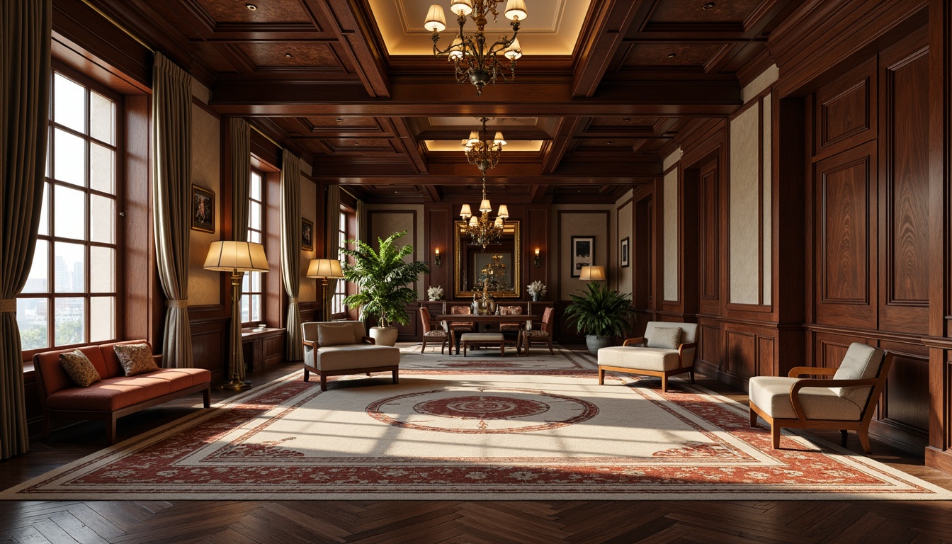 Prompt: Elegant traditional interior, rich wood tones, ornate furnishings, luxurious carpets, intricate patterns, classic hardwood floors, dark walnut panels, refined marble tiles, subtle herringbone designs, soft warm lighting, ambient shadows, realistic textures, shallow depth of field, 3/4 composition, panoramic view.