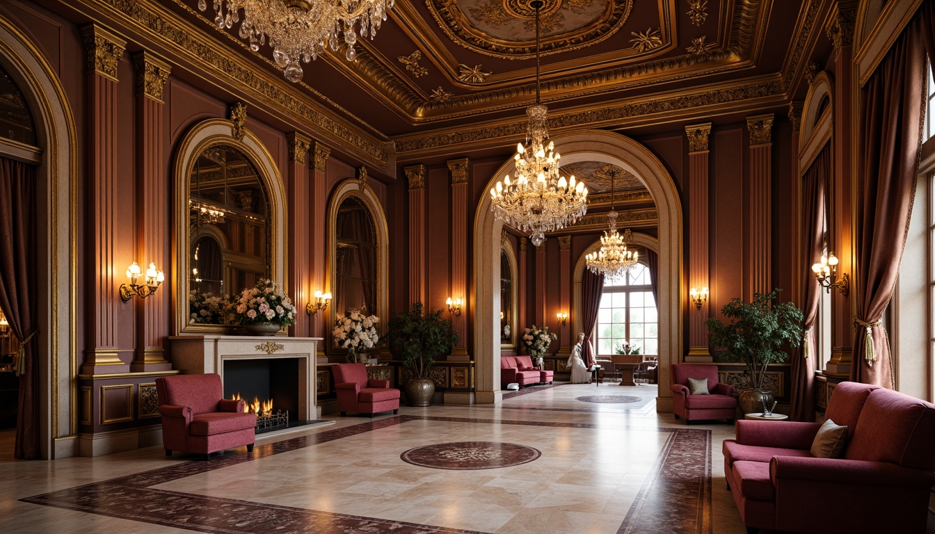 Prompt: Luxurious interior space, ornate moldings, rich wood paneling, polished marble floors, crystal chandeliers, velvet upholstery, gilded accents, intricate carvings, soft warm lighting, subtle shading, high ceilings, grand archways, Corinthian columns, ornamental mirrors, lavish drapery, antique furnishings, sophisticated color palette, 1/2 composition, shallow depth of field, realistic textures, ambient occlusion.