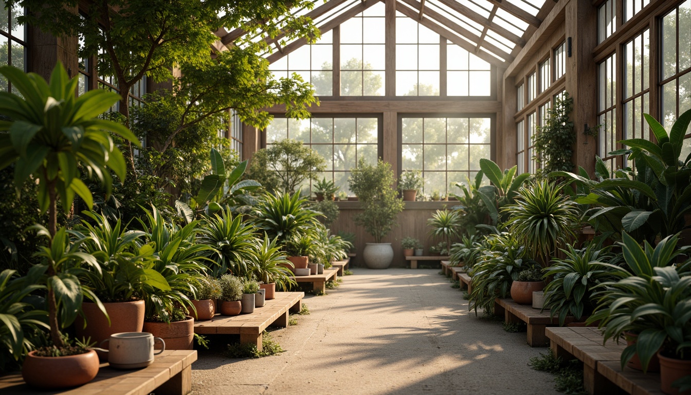 Prompt: Vibrant greenhouse, lush tropical plants, warm natural light, earthy terracotta pots, rustic wooden benches, misty atmosphere, dew-kissed leaves, soft pastel hues, muted greenery, creamy whites, weathered stone walls, aged wooden trellises, whimsical metal sculptures, delicate glass ornaments, romantic ambient lighting, shallow depth of field, 1/1 composition, intimate close-up shots, textured brushstrokes, organic shapes.