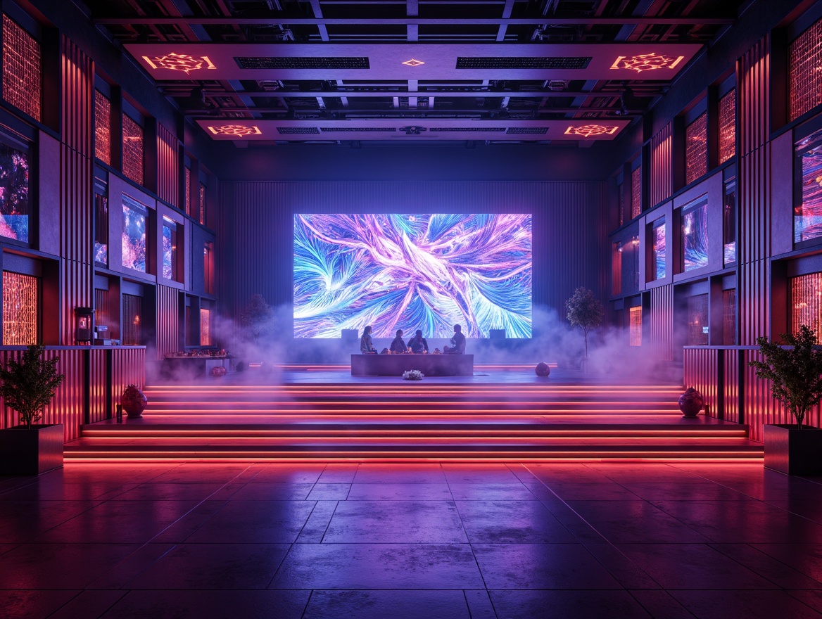 Prompt: Futuristic music venue, neon-lit stage, holographic projections, metallic wall panels, iridescent paint finishes, glowing LED strips, 3D-printed acoustic tiles, sound-absorbing materials, geometric patterns, abstract art installations, high-gloss flooring, mirrored ceilings, strobe lights, fog machines, atmospheric haze, dynamic lighting systems, immersive audio experiences, avant-garde decor, cutting-edge technology integrations.