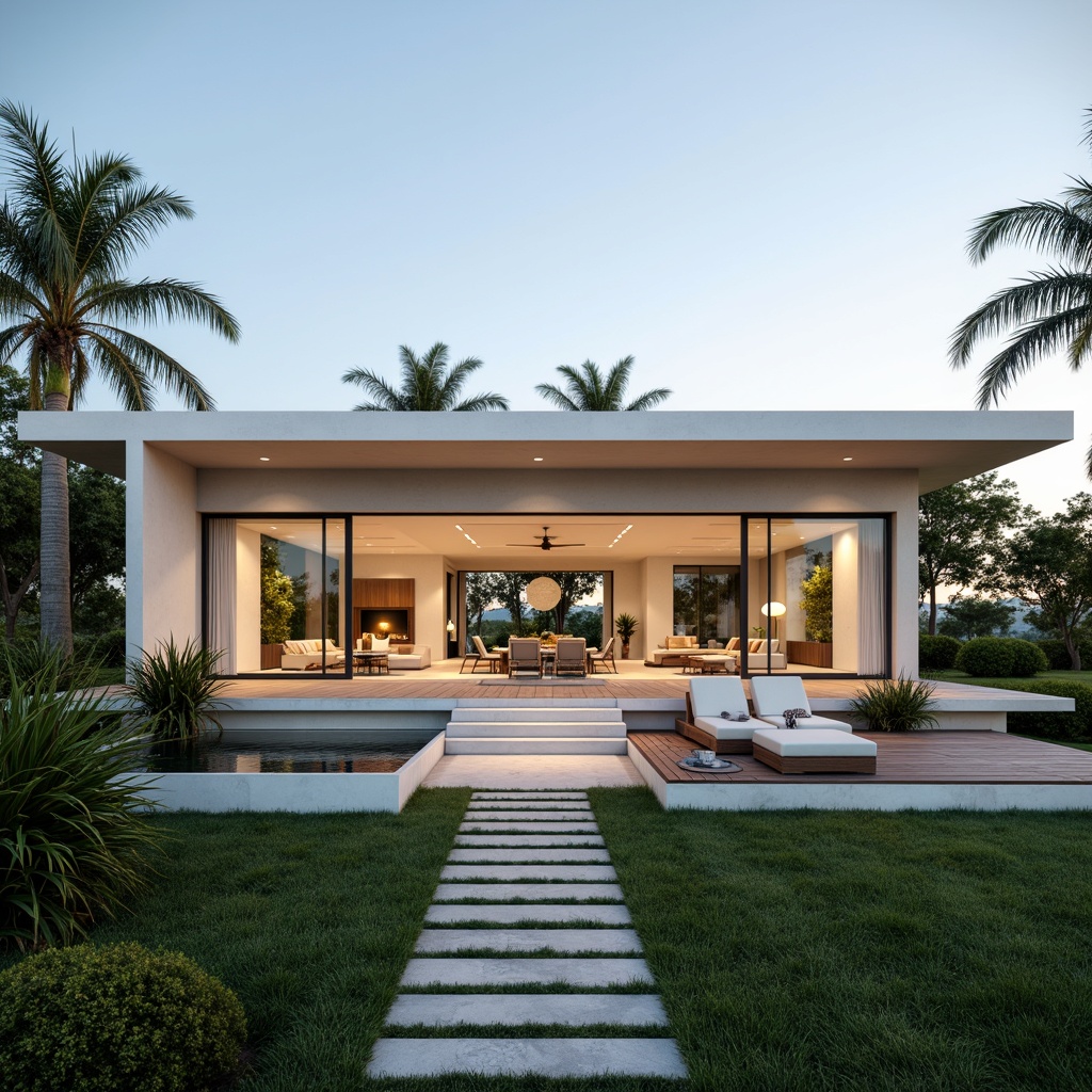 Prompt: Minimalist villa facade, clean lines, neutral color palette, expansive open spaces, floor-to-ceiling windows, sliding glass doors, lush greenery, tropical plants, natural stone pathways, wooden decking, outdoor lounge areas, comfortable seating, cantilevered roofs, modern architectural details, warm ambient lighting, soft shadows, 1/1 composition, symmetrical balance, realistic textures, subtle atmospheric effects.