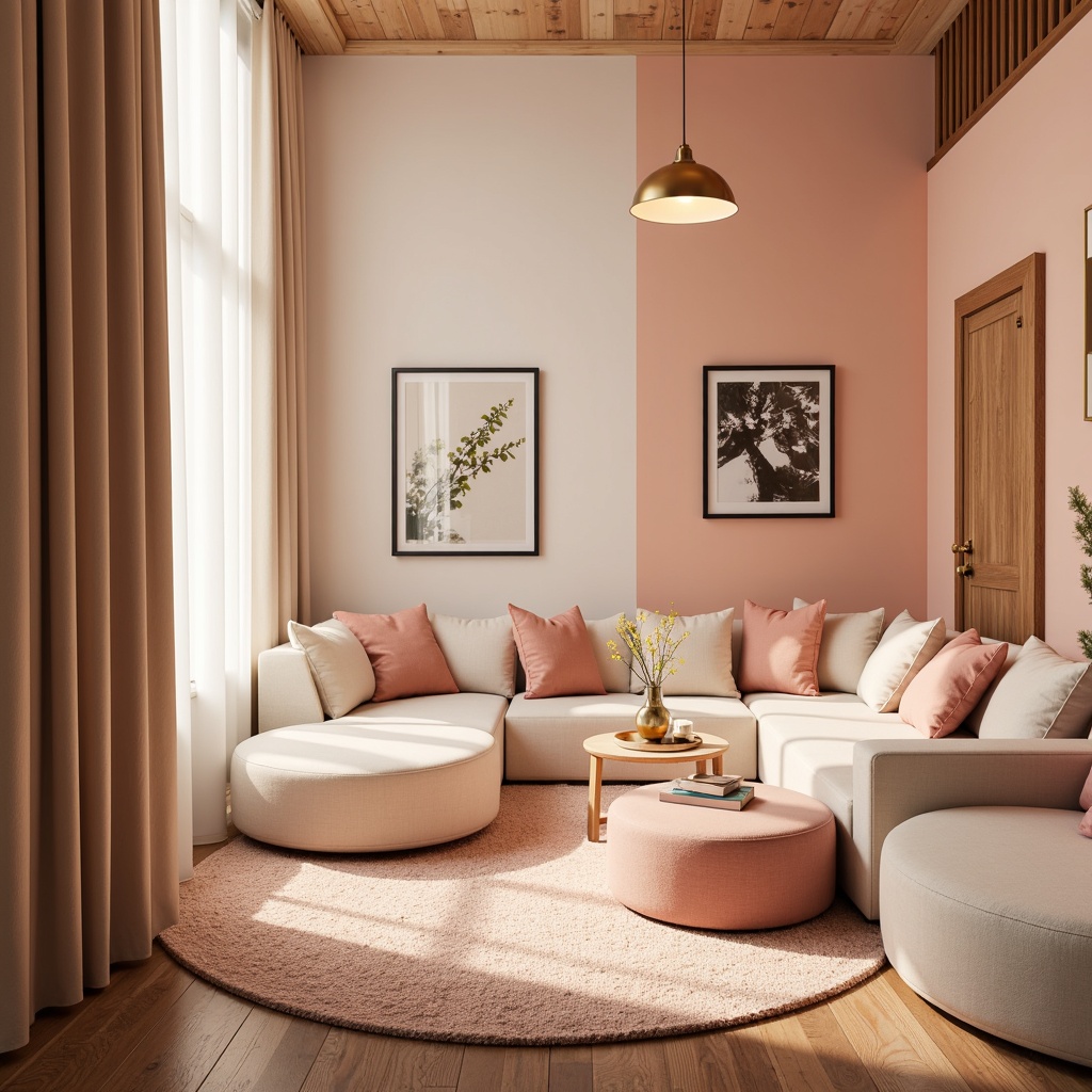 Prompt: Vibrant modern interior, trendy color scheme, pastel hues, soft peach tones, creamy whites, rich wood accents, metallic gold details, cozy ambient lighting, shallow depth of field, 1/1 composition, realistic textures, subtle gradient effects.