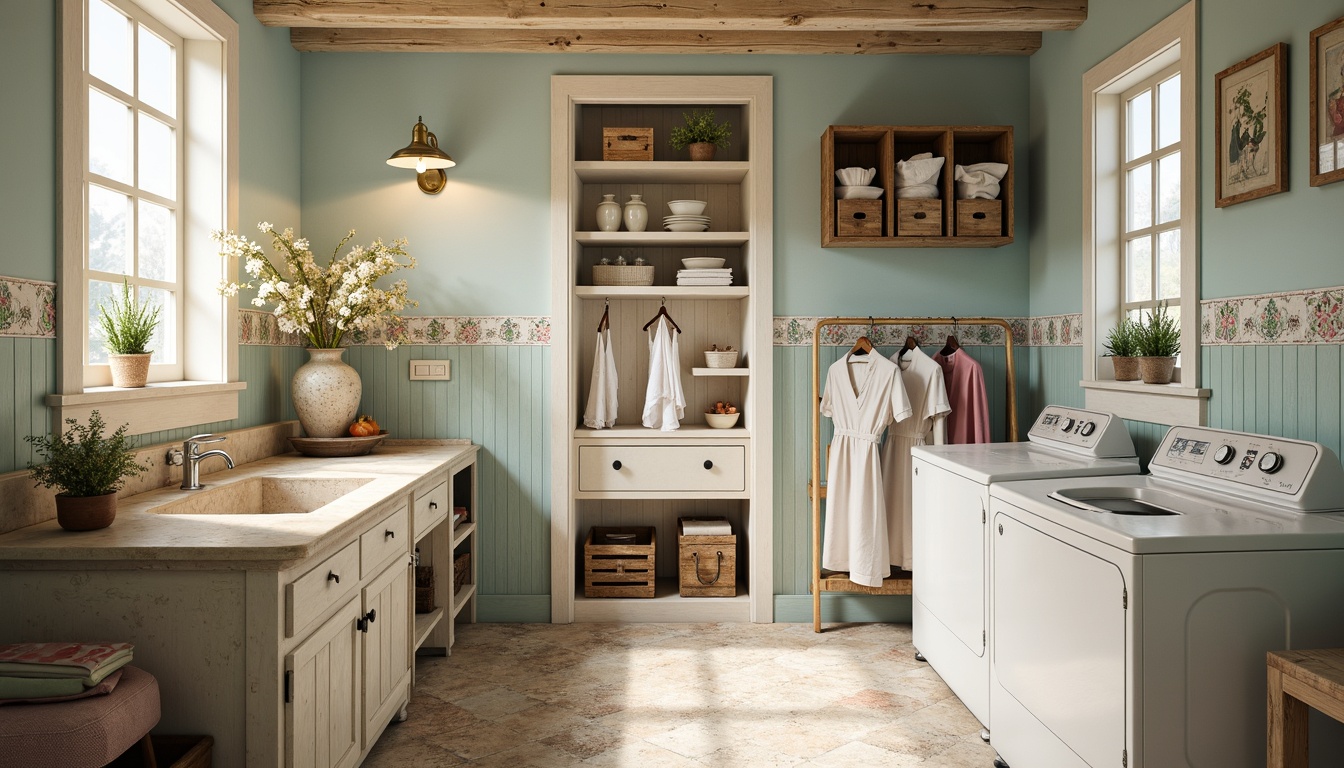 Prompt: Vintage laundry room, distressed wood accents, soft pastel colors, creamy whites, gentle blues, pale pinks, warm beige tones, lace trim details, rustic metal hardware, floral patterns, delicate ceramic tiles, natural stone flooring, worn wooden crates, antique washing machines, elegant candelabras, soft warm lighting, shallow depth of field, 1/1 composition, realistic textures, ambient occlusion.Please let me know if you need any adjustments!