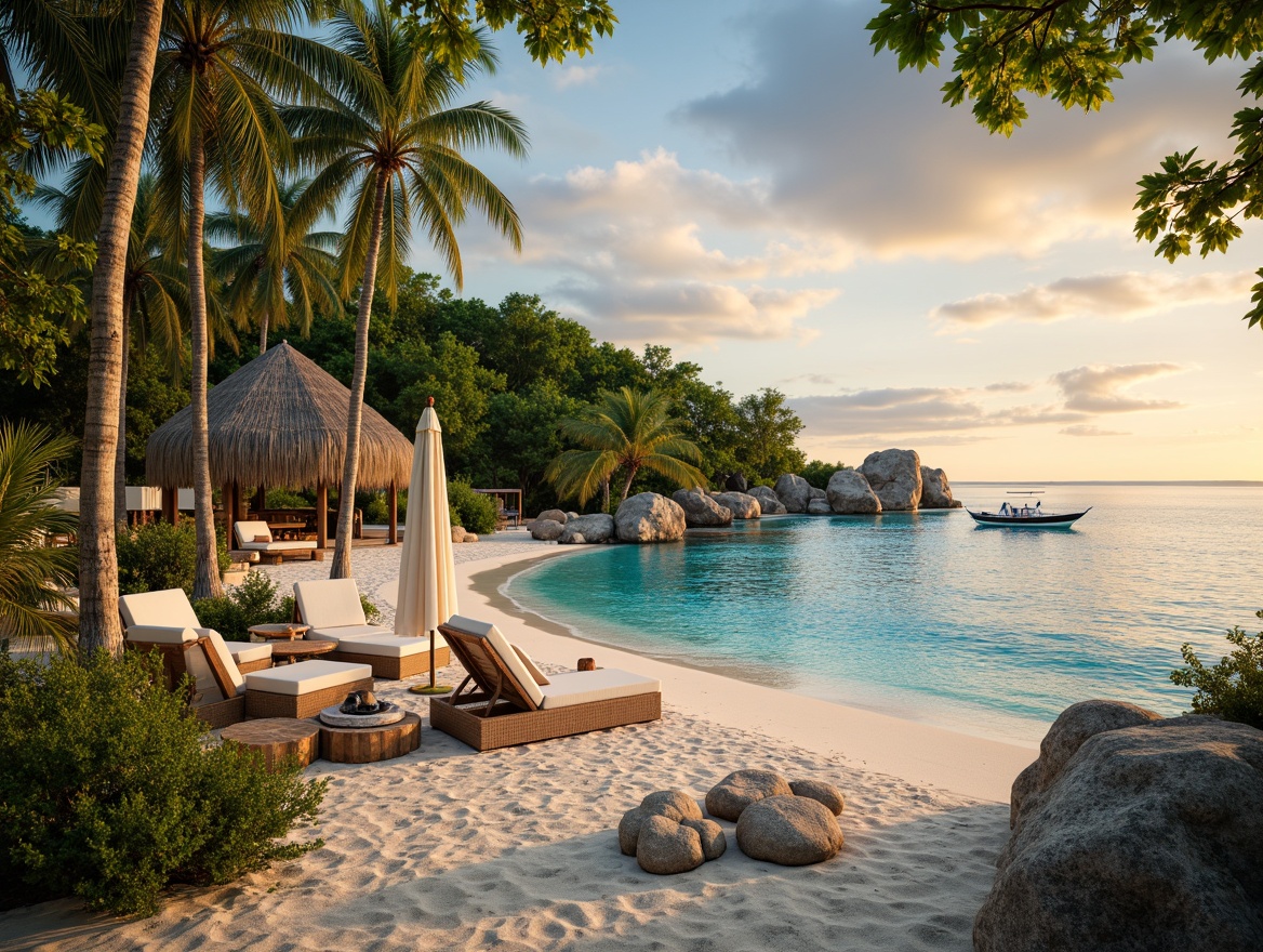 Prompt: Vibrant tropical island, lush green palm trees, crystal-clear turquoise waters, warm sandy beaches, colorful coral reefs, serene sunset skies, soothing pastel hues, gentle ocean breezes, natural textures, woven rattan furniture, driftwood accents, refreshing misty atmosphere, soft golden lighting, 1/2 composition, atmospheric perspective, realistic reflections, subtle color gradations.