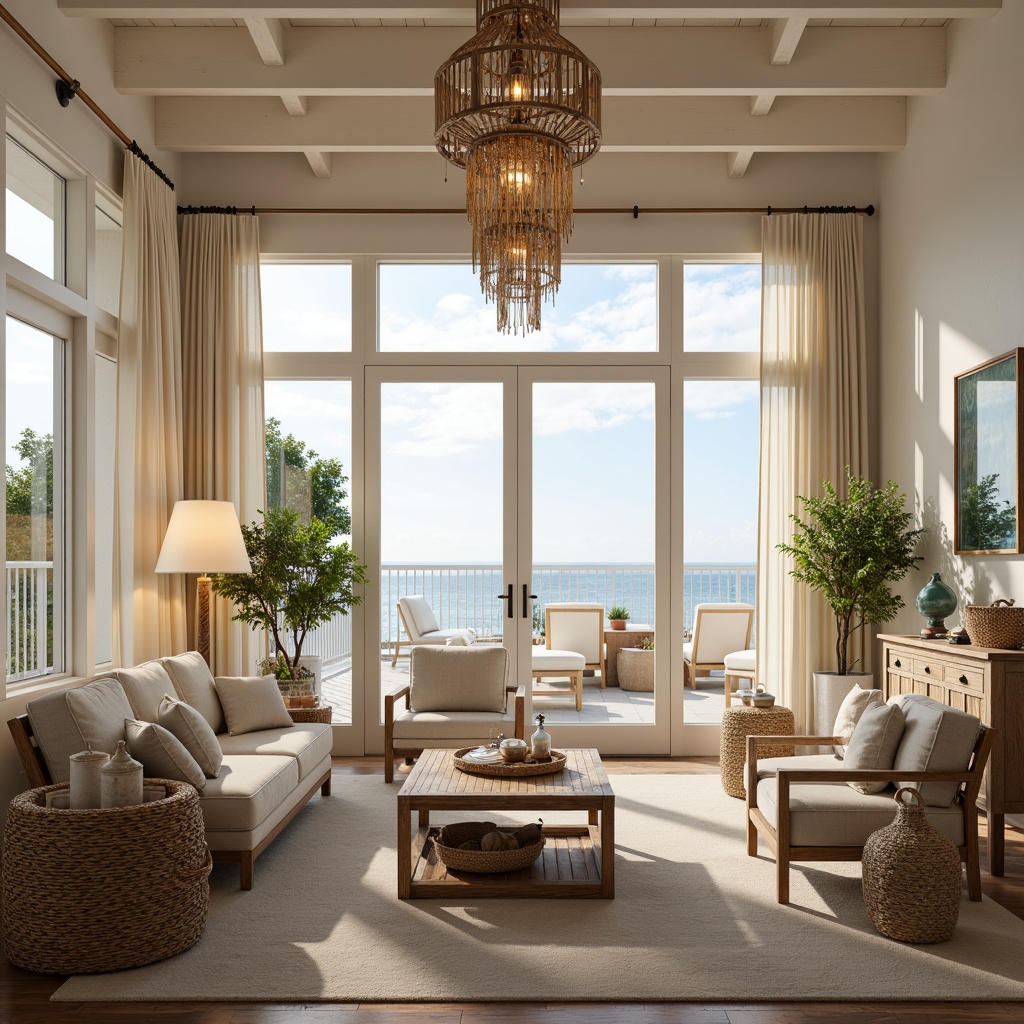 Prompt: Coastal style interior, soft warm glow, table lamps, floor lamps, pendant lights, natural textiles, woven fibers, driftwood accents, sea glass decorations, ocean-inspired color palette, calming ambiance, beachy vibe, relaxed atmosphere, large windows, sliding glass doors, outdoor views, seaside scenery, sunny day, gentle breeze, sheer curtains, linen fabrics, distressed wood furniture, nautical elements, rope details, shells ornaments, soft pastel hues, warm beige tones, 1/1 composition, soft focus, atmospheric lighting.