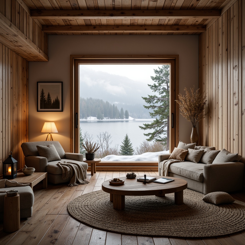 Prompt: Cozy Scandinavian cabin, wooden accents, natural textures, rustic wooden beams, light-colored wood panels, minimal ornamentation, functional simplicity, earthy color palette, warm candle lighting, soft atmospheric glow, shallow depth of field, 2/3 composition, intimate interior spaces, organic shapes, handmade wooden furniture, woven textiles, nature-inspired patterns, Nordic-inspired decor, snow-covered landscape, frozen lake views, winter morning light, soft misty atmosphere.